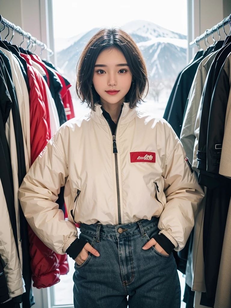 magazine cover, ultra-thick down jacket paired with thermal overalls, snow boots, balaclava, mittens