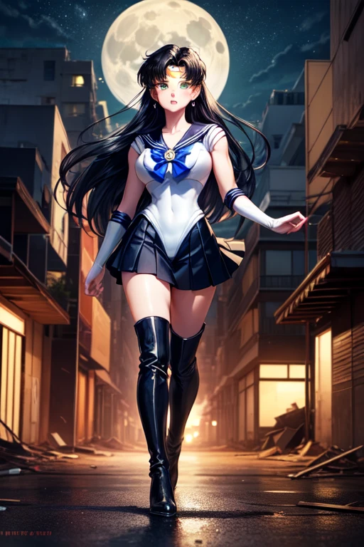 A detailed and beautiful woman with long dark hair, wearing a sailor uniform with a planetary brooch, standing in a dramatic, futuristic sci-fi landscape with glowing neon lights, volumetric fog, and a starry night sky in the background, (best quality,8k,highres,masterpiece:1.2),ultra-detailed,(realistic,photorealistic,photo-realistic:1.37),digital art, cinematic lighting, dramatic colors, dynamic pose, intricate details, hyper-realistic, highly detailed facial features, beautiful eyes, elegant expression