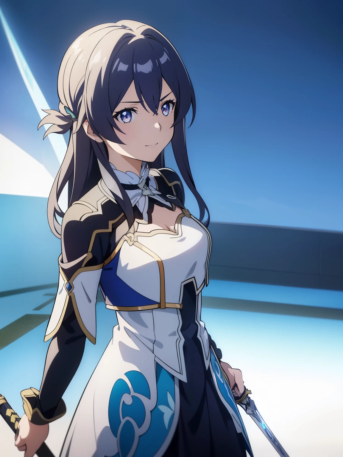 (high-quality, breathtaking),(expressive eyes, perfect face) 1girl, female, solo, portrait, Sword Art Online Alicization Art Style, Alicization,sao anime style, Symmetrical Eyes, simple background, gentle smile, medium hair, fluffy hair, fantasy outfit, SAO inspired, Firefly, armor, chest plate, sword art online outfit,
