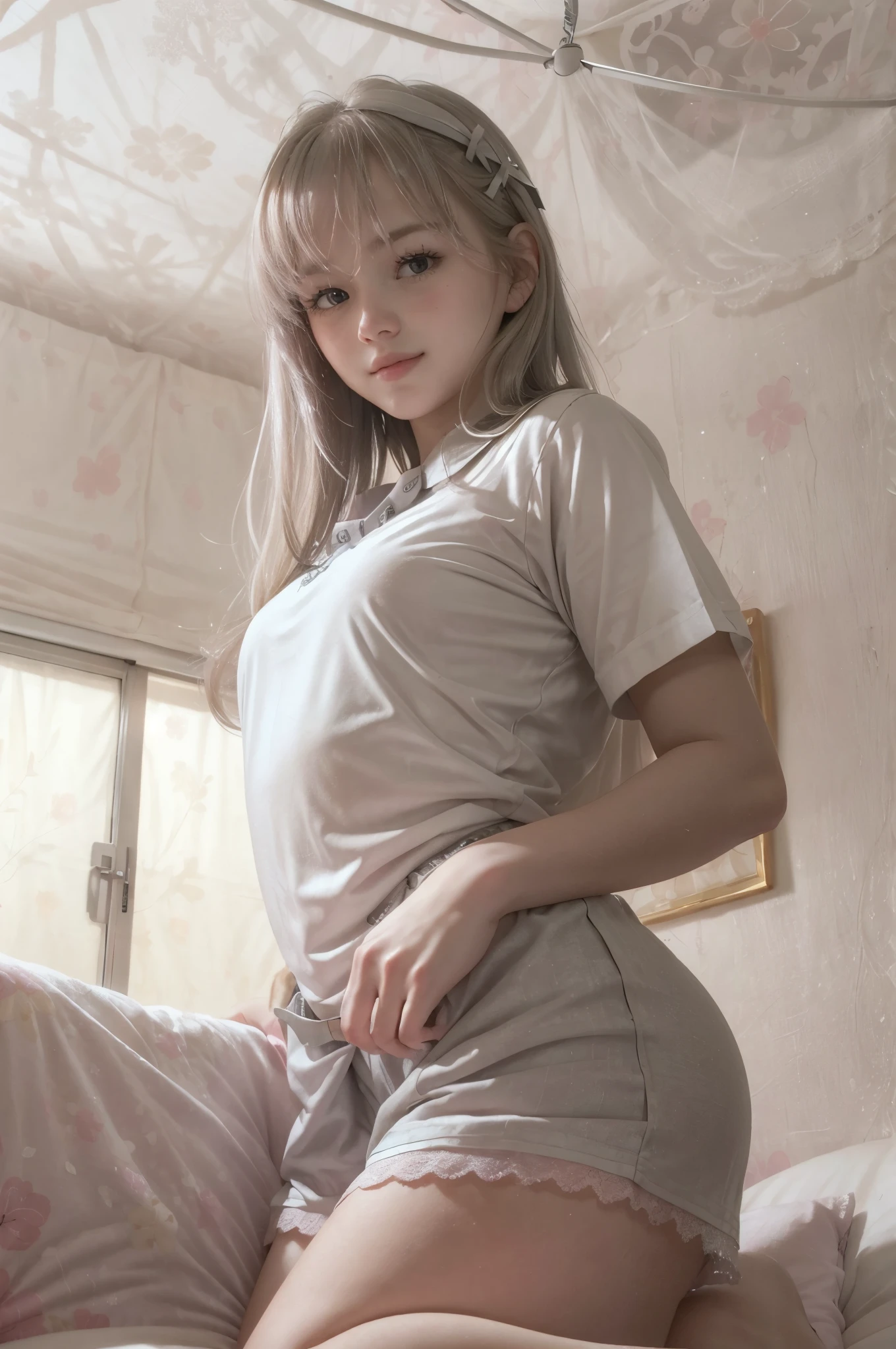 photo of mariya with long blonde hair, bang, (petite:1.4), wearing (silver uniform:1.3),  on bed in a cute girly bedroom adorned with pastel hues and playful decor. The walls are painted in soft pinks or lavender, with a delicate floral or heart-patterned wallpaper as an accent. A canopy bed with sheer, flowy curtains creates a dreamy atmosphere. Plush stuffed animals and fluffy throw pillows in various shades of pink adorn the bed,
realistic, photorealistic,
High quality, RAW photograph, detailed background, intricate, highly detailed, sharp focus, high resolution, 8k, uhd, dslr, realistic eyes, perfect eyes,