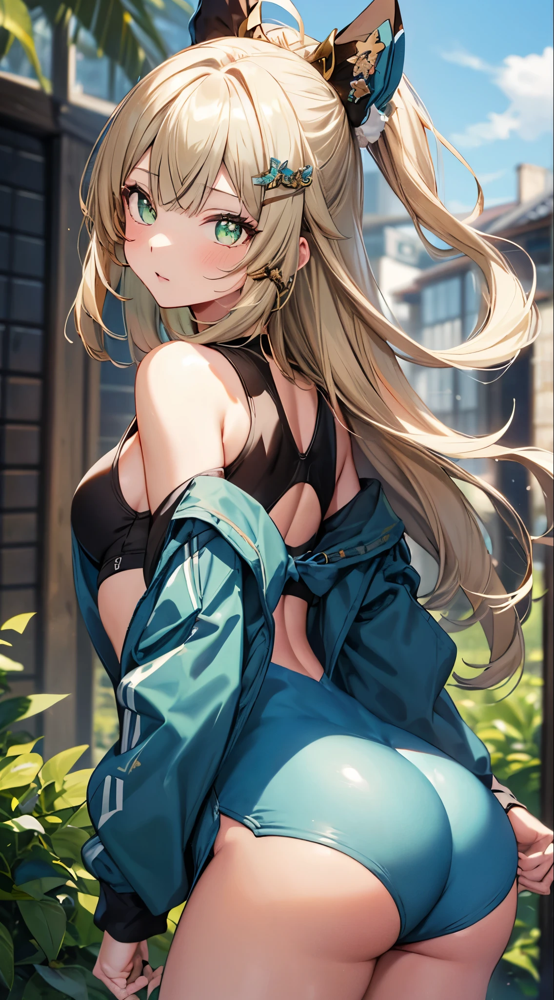 
kirara, genshin impact,1 girl, green eyes, blonde hair hair ornament, bare shoulders, (black crop top,green jacket), Sportswear shorts, standing, outdoors, masterpiece, Noise Reduction, perfect anatomy, high resolution, ultra-detailed, ultra-detailed face ,beautiful detailed eyes, perfect body, visual art, sparkling pupils, looking back at viewer, (((a well-shaped butt))), (((Protruding buttocks))), (((big ass)))
