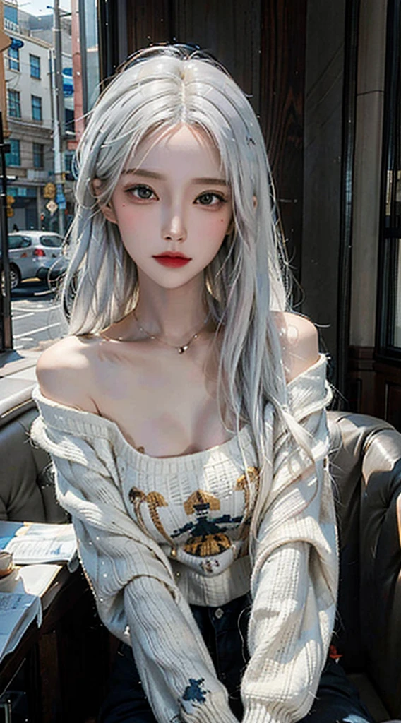 Realistic, High resolution, Soft Light, 1 Female, Age 25, alone, Hip Up, blue eyes, Gray Hair, Long Hair, jewelry, tattoo, Streetwear