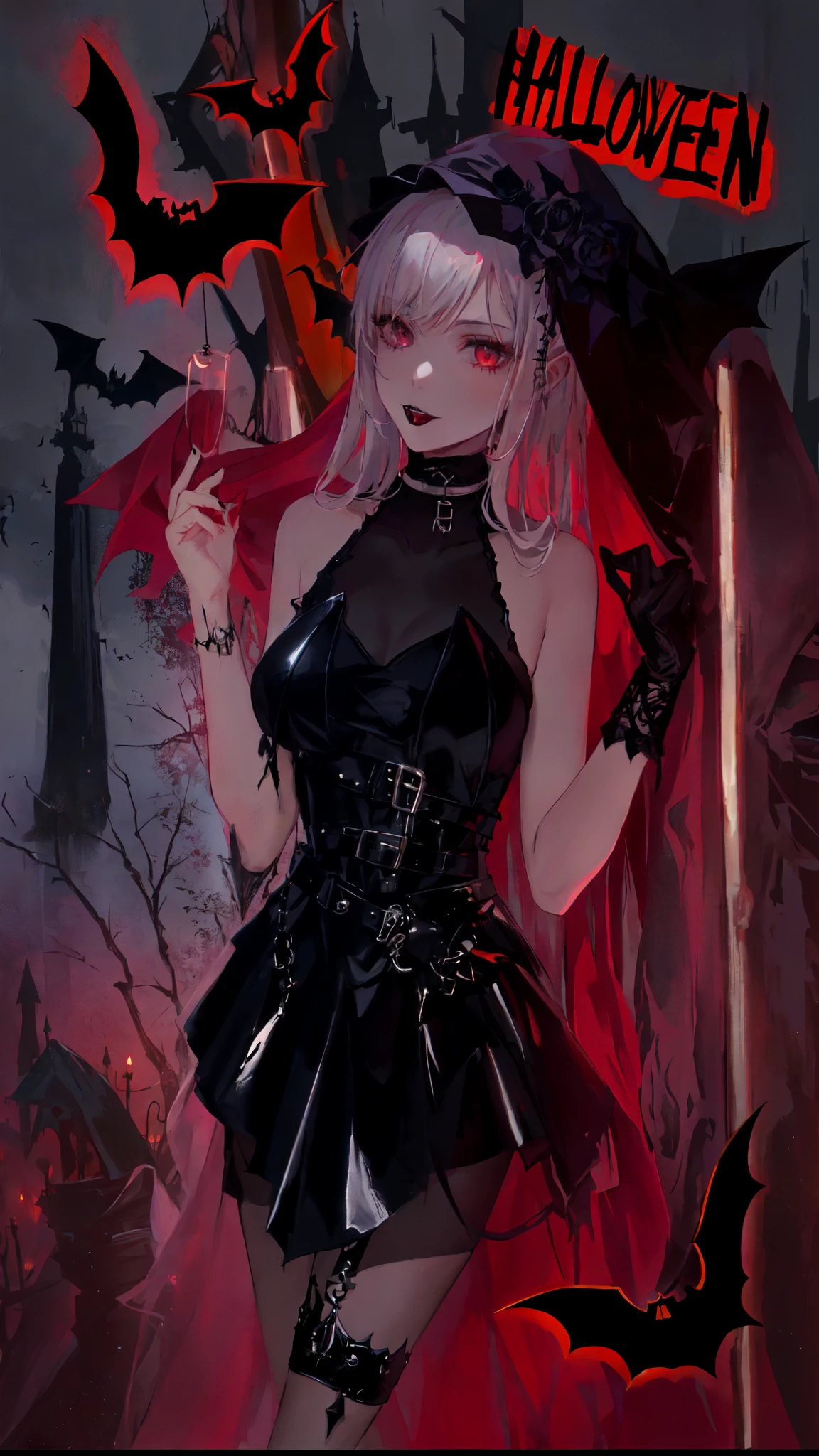 Gothic vampire girl, black gothic clothes, sexy in the cemetery, she is holding a spear, fully body, movement pose