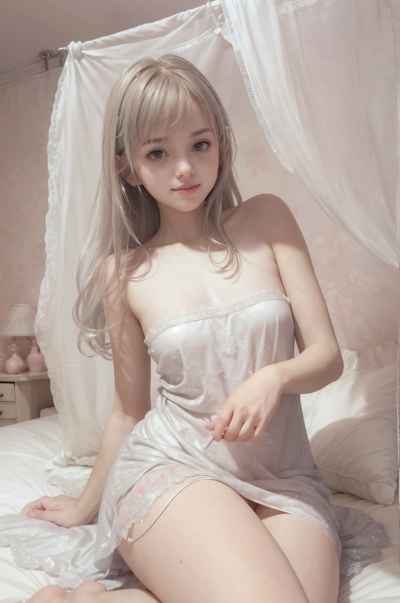 photo of mariya with long blonde hair, bang, (petite:1.4), wearing (silver cocktail dress:1.3),  on bed in a cute girly bedroom adorned with pastel hues and playful decor. The walls are painted in soft pinks or lavender, with a delicate floral or heart-patterned wallpaper as an accent. A canopy bed with sheer, flowy curtains creates a dreamy atmosphere. Plush stuffed animals and fluffy throw pillows in various shades of pink adorn the bed,
realistic, photorealistic,
High quality, RAW photograph, detailed background, intricate, highly detailed, sharp focus, high resolution, 8k, uhd, dslr, realistic eyes, perfect eyes,