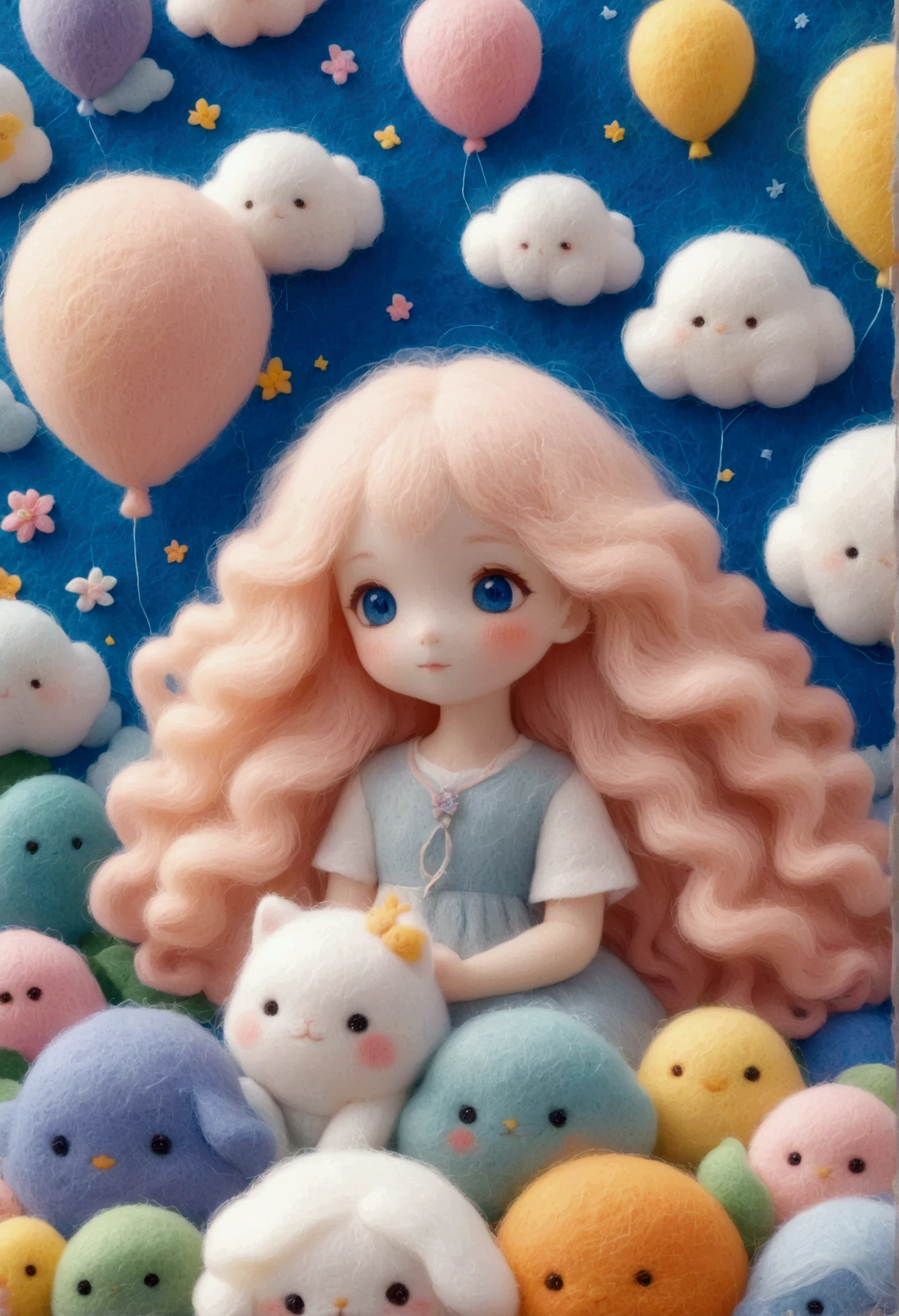 A delicate felt painting：Happy little friend，Fluffy and soft long hair。bust。Dreamy and beautiful。