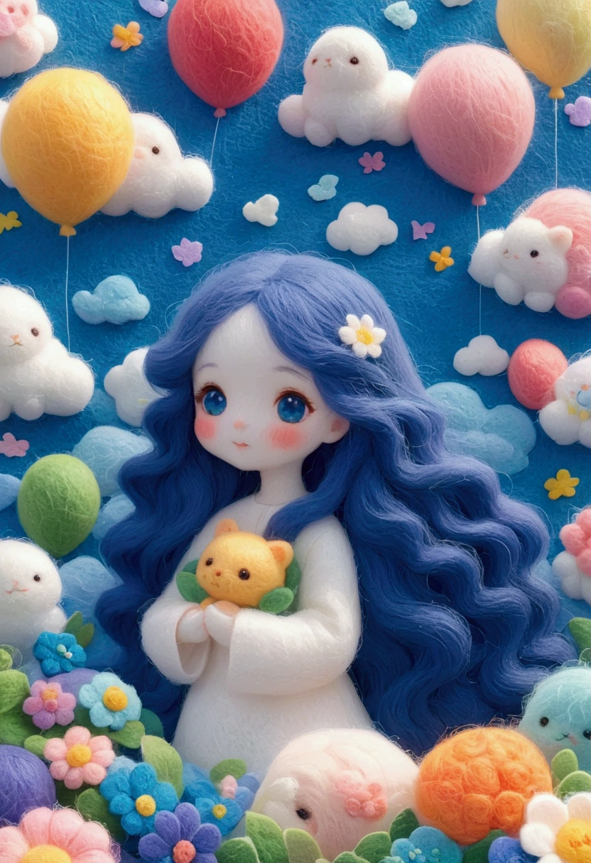 A delicate felt painting：Happy little friend，Fluffy and soft long hair。bust。Dreamy and beautiful。