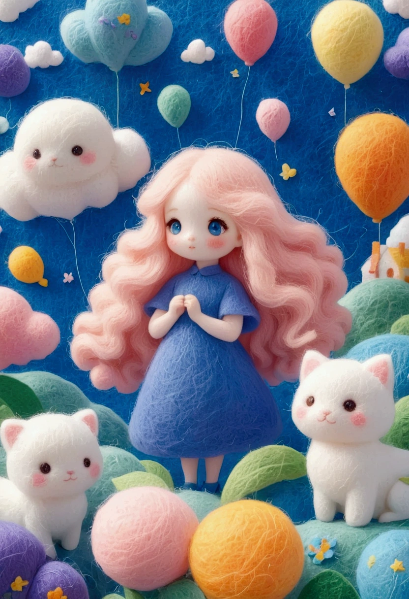 A delicate felt painting：Happy  friend，Fluffy and soft long hair。bust。Dreamy and beautiful。