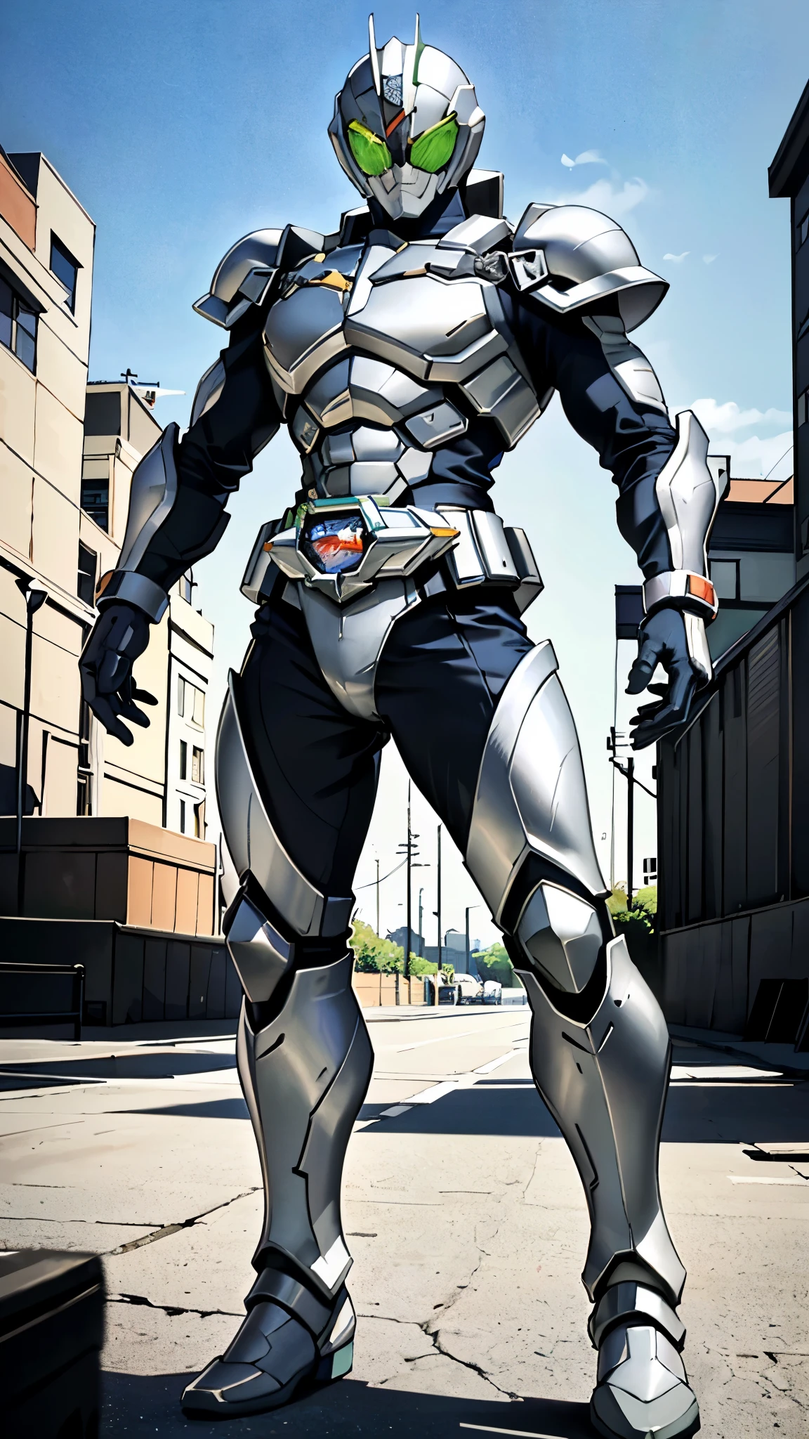 (masterpiece:1.5, best quality:1.5, extremely delicate:1.5), ((male:1.5)), a man wearing a full-face helmet, a biotech armored combat suit, green eyes, (a composite layered chest armor), fully enclosed shoulder guards, matching arm and leg guards, a belt of gemstone, (the color scheme is primarily Blue with White and Red accents), the design balances heavy with agility, a high-tech bio-mecha armor, (Armor Concept Inspired by Kamen Rider, stand of a futuristic sci-fi city), this character embodies a finely crafted Superhero in anime style, exquisite and mature manga art style, (the armor glows), metallic, high definition, highres, ultra-detailed, ultra-fine painting, professional, perfect body proportions, golden ratio, anatomically correct, symmetrical face, extremely detailed eyes and face, high quality eyes, creativity, RAW photo, UHD, 32k, Natural light, cinematic lighting, masterpiece-anatomy-perfect