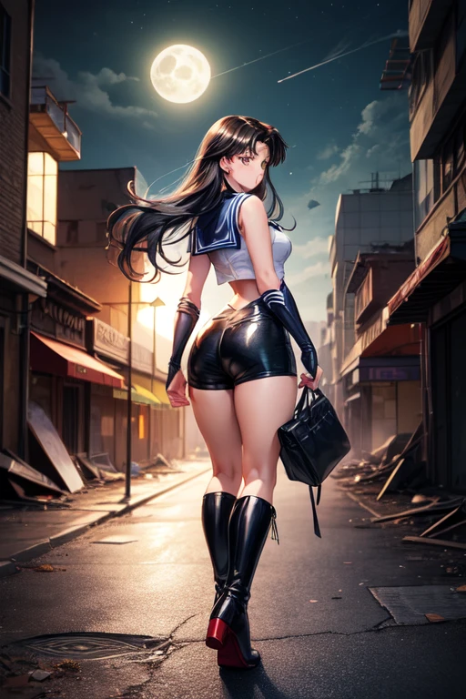 1girl, solo, boots, eyewear on head, black hair, dress, high heels, sunglasses, short dress, long hair, looking back, breasts, ponytail, nico robin, legs，medium_breasts，sideboob