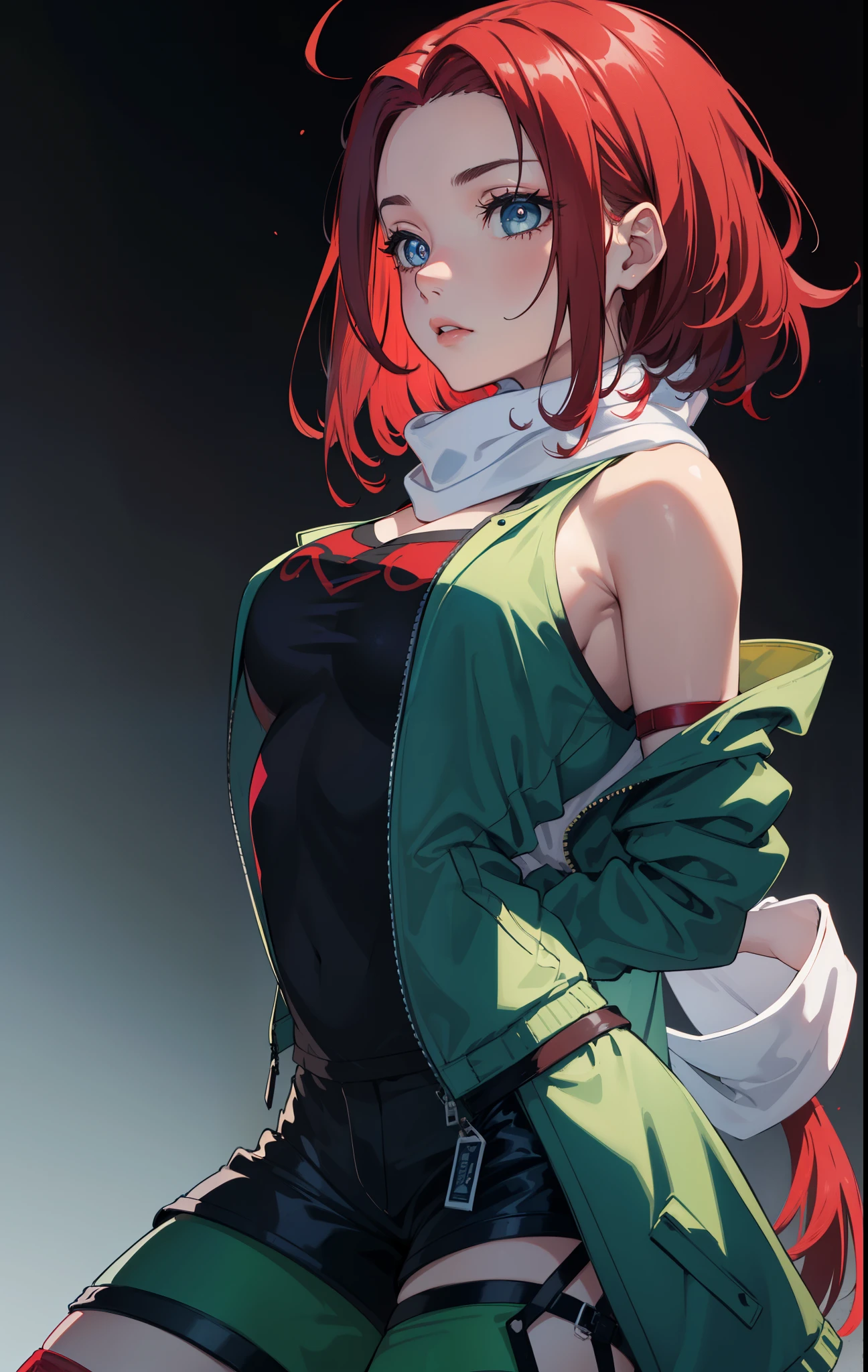 kallen stadtfeld, blue eyes, ((red hair:1.5)), short hair,
BREAK ((open jacket, scarf, short shorts, shorts, thigh strap, white scarf:1.5)) BREAK ((ARMS BEHIND BACK:1.5)),
BREAK (masterpiece:1.2), best quality, high resolution, unity 8k wallpaper, (illustration:0.8), (beautiful detailed eyes:1.6), extremely detailed face, perfect lighting, extremely detailed CG, (perfect hands, perfect anatomy),