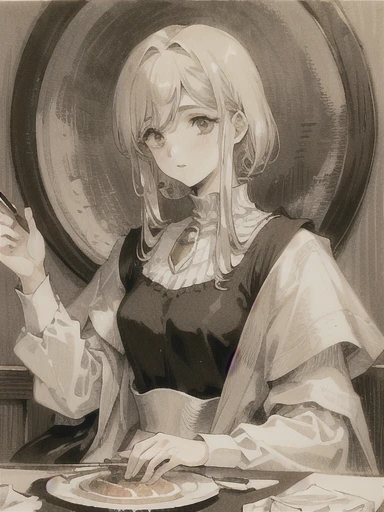 Highest quality, (Background details), High Contrast, Very beautiful , Detailed original illustrations,very small stature、Baby Face、Villain、gnome, Wavy platinum blonde hair、 Delicate face, Spoiled brat、White sundress、Real breasts, Flat Chest、Wicked Smile, Evil Eye, Black background, (Black background: 1. 5), Beautiful line art, Monochrome