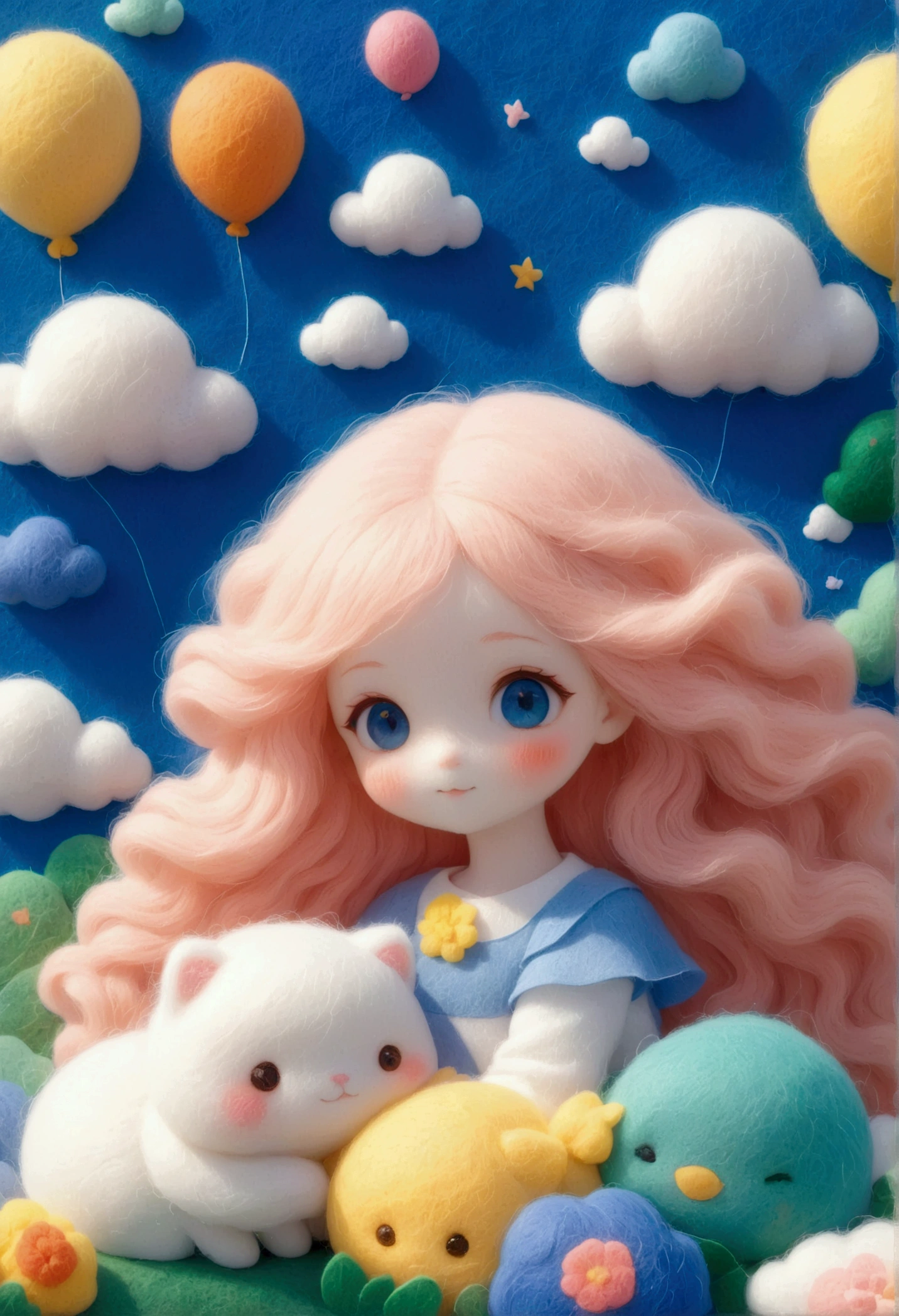 A delicate felt painting：Happy little friend，Fluffy and soft long hair。bust。Dreamy and beautiful。