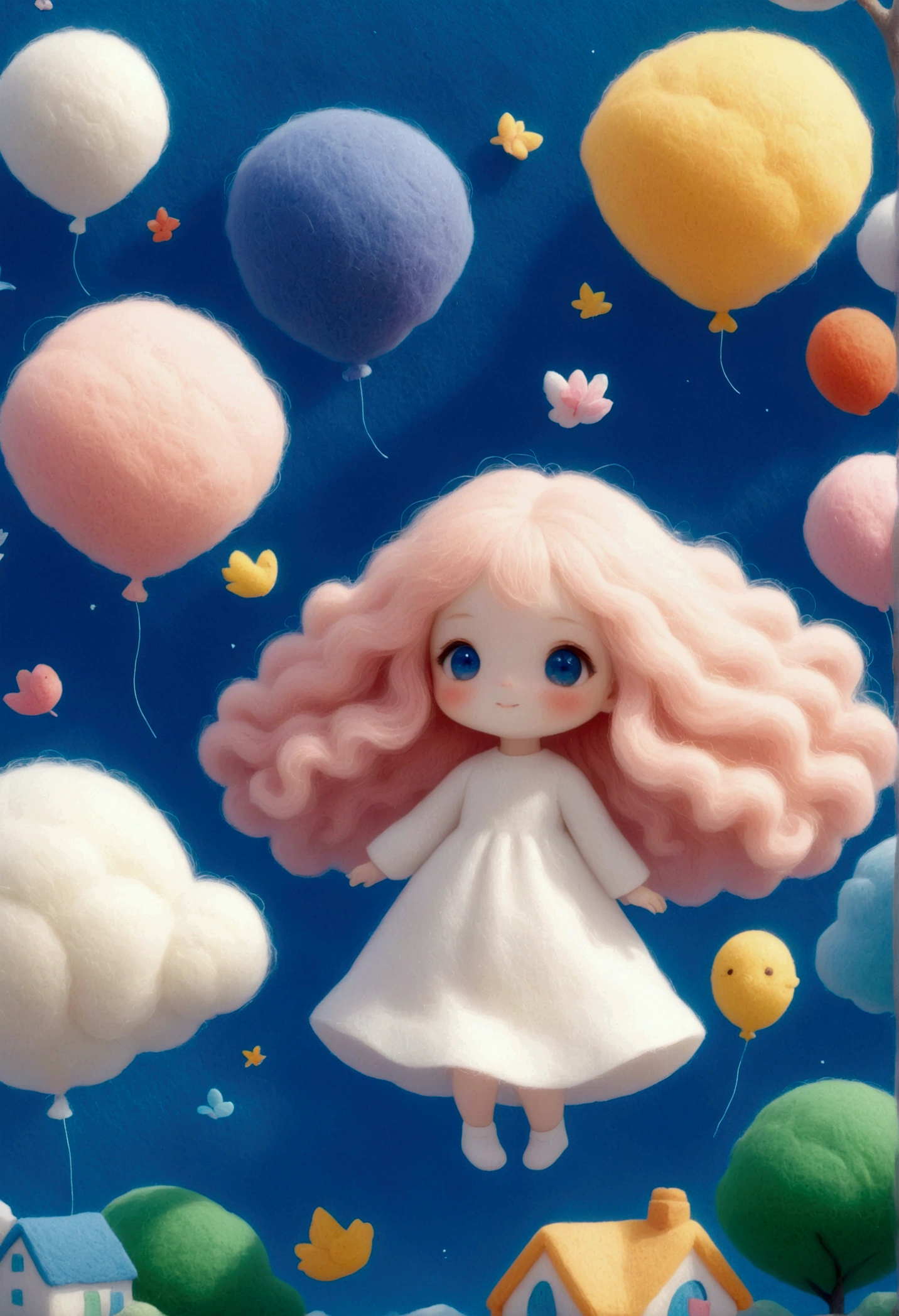 A delicate felt painting：Happy little friend，Fluffy and soft long hair。bust。Dreamy and beautiful。