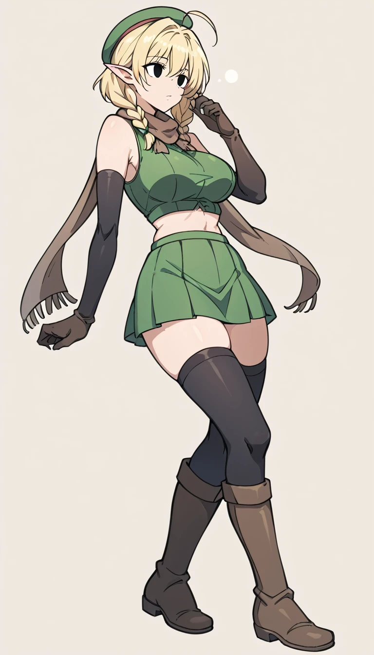 Parisian,1mature woman,elf,Short Hair,twin braids,ahoge,blonde,(slender),Big Breasts,Tall,empty eyes,Black Eyes,brown gloves,Black elbow gloves,((black thigh highs))、Small black beret、Brown scarf、green crop top,sleeveless,green mini skirt,brown knee boots,Thin thighs,isekai,fantasy,full body,From the side、