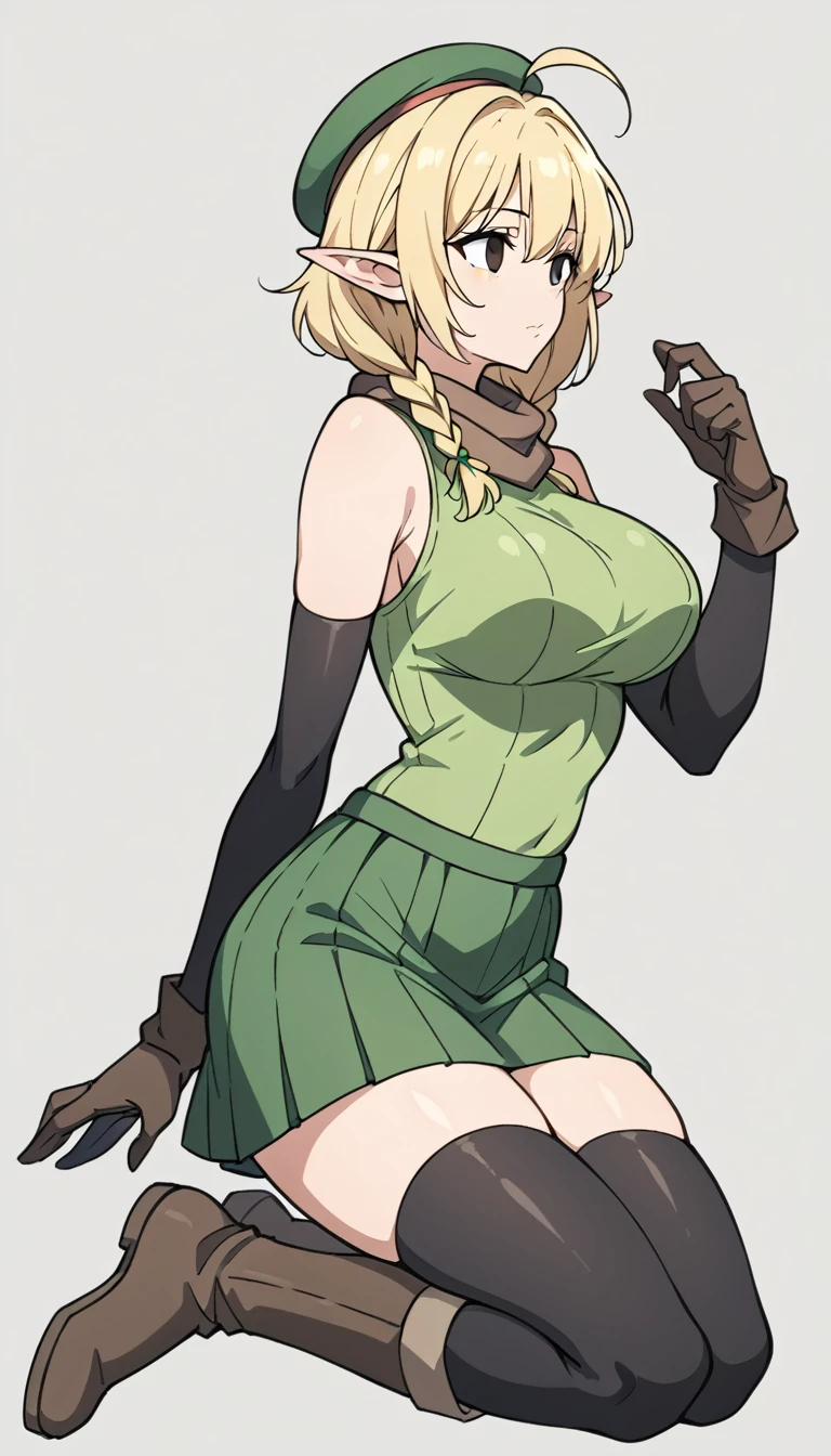 Parisian,1mature woman,elf,Short Hair,twin braids,ahoge,blonde,(slender),Big Breasts,Tall,empty eyes,Black Eyes,brown gloves,Black elbow gloves,((black thigh highs))、Small black beret、Brown scarf、green crop top,sleeveless,green mini skirt,brown knee boots,Thin thighs,isekai,fantasy,full body,From the side、