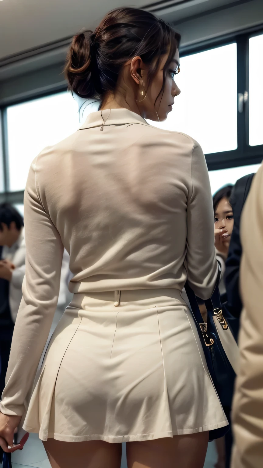 A crowded Tokyo station platform、Tight long skirt、(Woman turning around、look back)、((whole body:1.5))、(Realistic、As shown in the picture、live-action、8k, Realistic, RAW Photos, Best image quality: 1.4), SLR camera、RAW Photos, Please redeem, Realistic, Very detailed CG Unity 8k wallpaper, Written boundary depth, Cinematic Light, Lens Flare, Ray Tracing, Realistic background、(Put the bag on your shoulder、Long sleeve shirt、mermaidskirt、p-line、Panty lines)、((Ultra-dense skin))、short hair:1.2、Short Ponytail、Tie your hair with a hair clip、I like that style、stylish、Very detailed、Pay attention to the details、Perfect outfit、(Sunburned skin)、View from behind