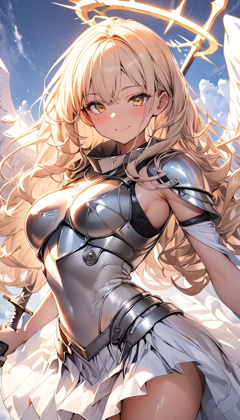 (masterpiece), Best Quality, One girl, Valkyrie, Angel knight in white dress and silver armor, Shiny Armor, High Gloss Armor, Reflective Metal Armor, Holding a sword, (length_sword), pink length curly hair, Yellow Eyes, Wings, White clothing, perfect lighting