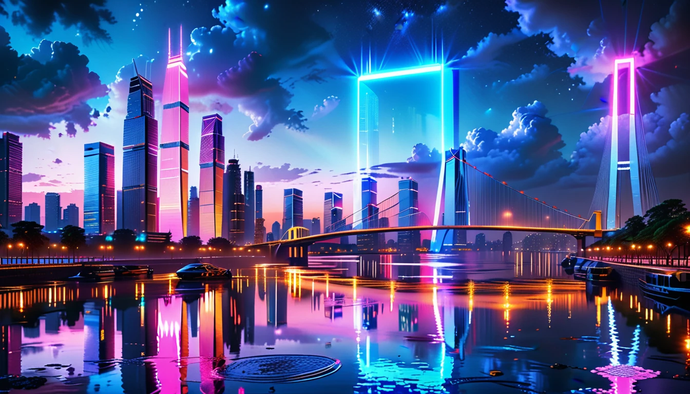 A Masterpiece In 32K Resolution: Supreme Quality, Super Detail, Official Art, Very High-Resolution 32K Wallpaper, Beautiful And Aesthetic, Ultra-Detailed Features, Awe-Inspiring Detail. An Awe-Inspiring Night View Of A Futuristic Cityscape, Featuring A Majestic Bridge Stretching Over A Reflective River. The Skyline Showcases Towering, Sleek Skyscrapers Illuminated By Vibrant Neon Lights, Evoking The Grandeur Of A Futuristic Metropolis. In The Distance, Glowing Megacities Emerge On The Horizon, Adding Depth And Scale To The Scene. The Romantic Evening Atmosphere Is Heightened By The Soft Glow Of The Moon And Shimmering Reflections On The Water. The Urban Design Feels Imaginative And Cutting-Edge, Blending Sleek Architecture With Creative Lighting That Captivates And Surprises, Inspired By The Visionary Style Of Chasbio.