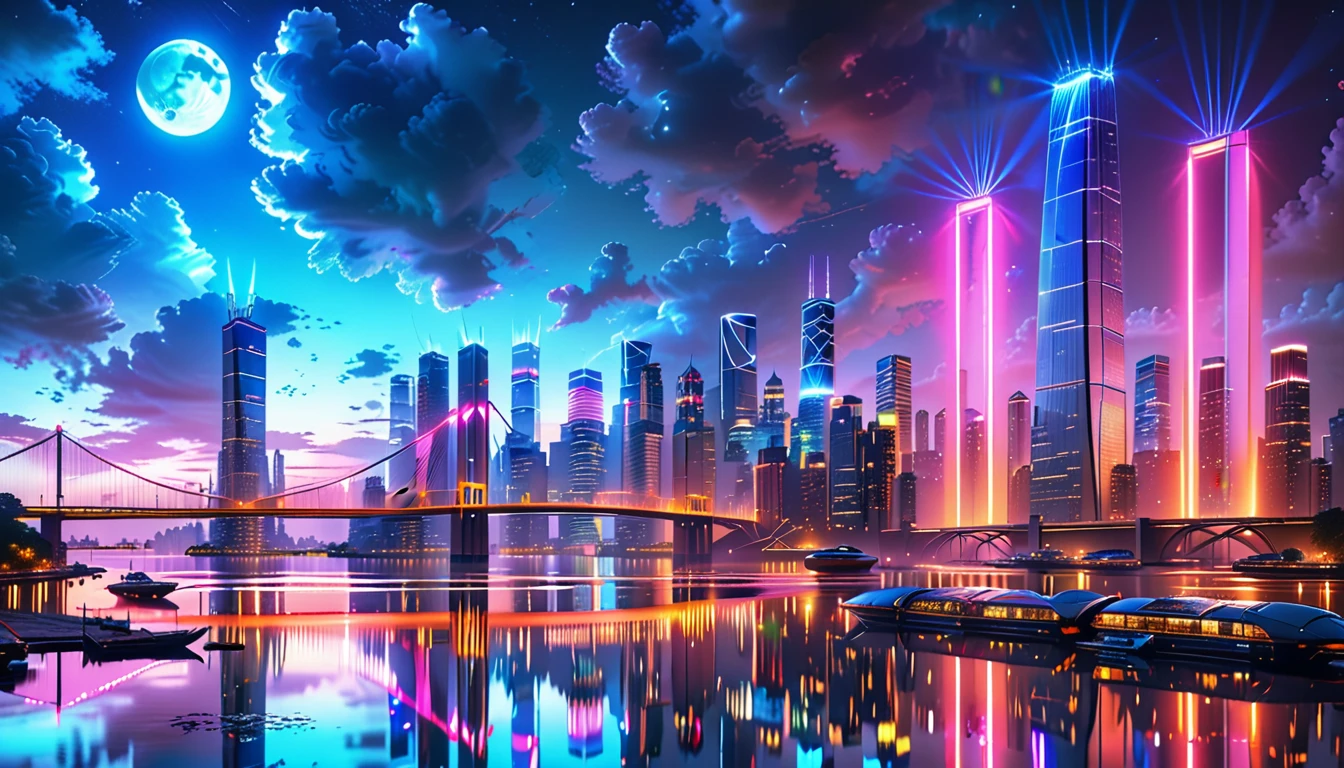 A Masterpiece In 32K Resolution: Supreme Quality, Super Detail, Official Art, Very High-Resolution 32K Wallpaper, Beautiful And Aesthetic, Ultra-Detailed Features, Awe-Inspiring Detail. An Awe-Inspiring Night View Of A Futuristic Cityscape, Featuring A Majestic Bridge Stretching Over A Reflective River. The Skyline Showcases Towering, Sleek Skyscrapers Illuminated By Vibrant Neon Lights, Evoking The Grandeur Of A Futuristic Metropolis. In The Distance, Glowing Megacities Emerge On The Horizon, Adding Depth And Scale To The Scene. The Romantic Evening Atmosphere Is Heightened By The Soft Glow Of The Moon And Shimmering Reflections On The Water. The Urban Design Feels Imaginative And Cutting-Edge, Blending Sleek Architecture With Creative Lighting That Captivates And Surprises, Inspired By The Visionary Style Of Chasbio.