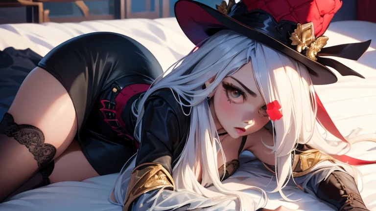 laying on bed(masterpiece, best quality:1.4), absurdres, highres, ultra detailed, beautiful, (perfect face, detailed face, beautiful:1.3),(natural breasts, cleavage), collarbone, fingerless gloves, jacket, strapless sheer lace corset, black pencil skirt, tight, over the knee skirt, hat, thighhighs, thick thighs, thighs, multiple belts, More detailed 8K.motor irreal:1.4,UHD,La mejor calidad:1.4, fotorrealista:1.4, textura de la piel:1.4, obra maestra:1.8,obra-prima, mejor calidad, (detailed face features:1.3),(manos detailed)