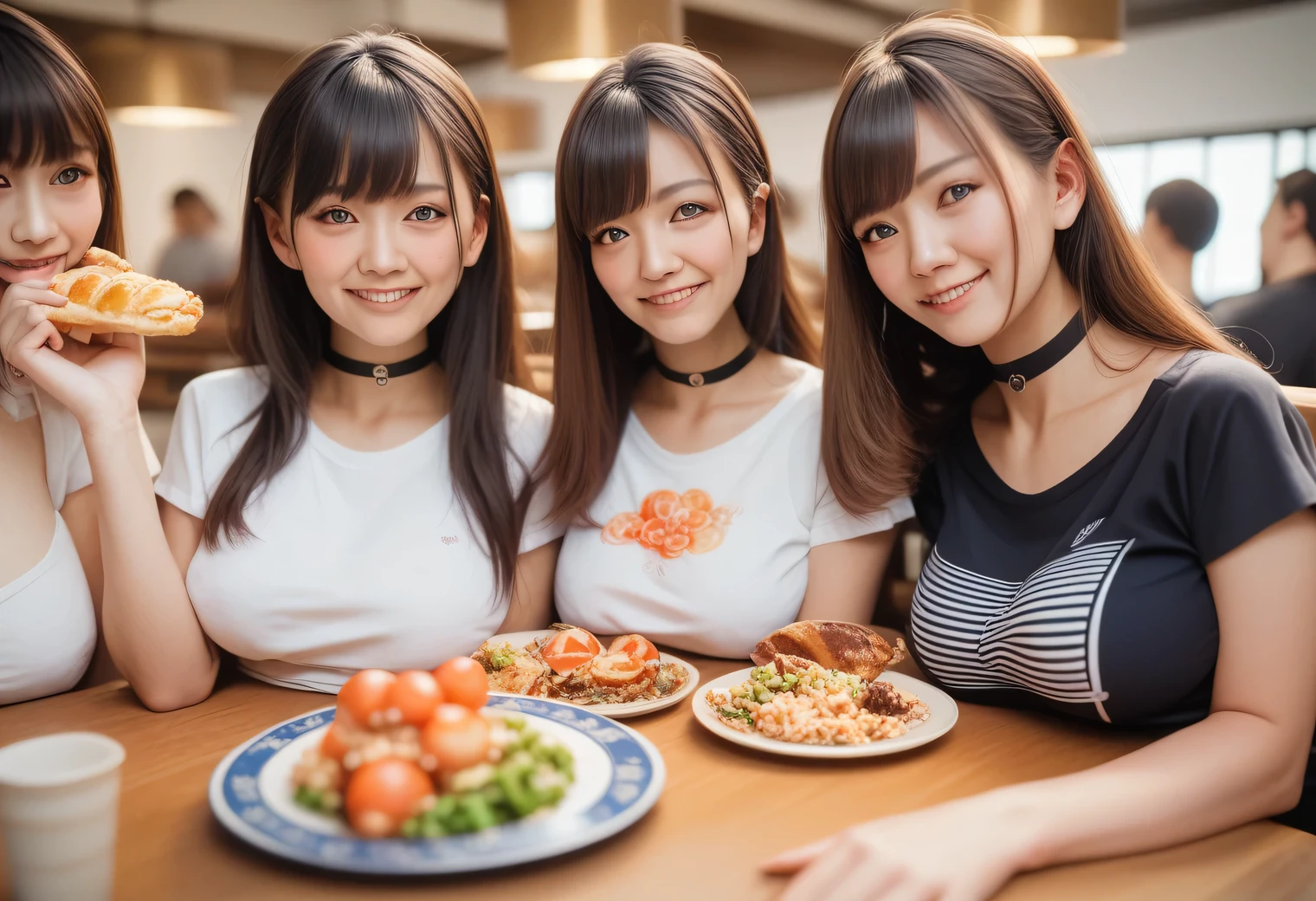 Score_9, Score_8, Score_8upScore_7, Best Quality、masterpiece、Photo of the dinner party、Group Photos、Group photo、group、(T-Shirts)), Large Breasts, ((Layered Haircut)), Slender body, Slim face，Shooting from a distance,  Adorable， smile， Long brown hair，Black choker、Almond Eye、bangs、Very thick and long eyelashes, Perfect Makeup, Blushing、Restaurant private room、((A large table in the center of the screen、Women sitting around a table eating Japanese food))、There are many plates of food on the table、There&#39;s a drink