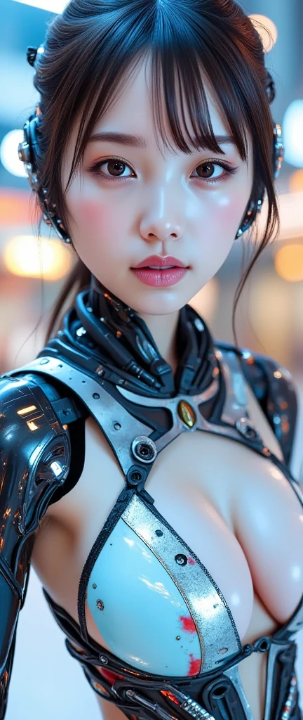 Perfect composition, Proper placement, close up, glowing skin, Beautiful Japanese Women, Beautiful cyborg woman, Brown Hair, Chignon Hair, brown eyes:1.21, Clear Eyes,  Perfect beauty, Makeup, Pink lipstick, Perfect Anatomy, small頭, ((Split metal chest protector)), ((Super realistic details)), Global Illumination, Octane Rendering, Ultra Sharp, Because it shines, small, ((Mechanical chest armor with LED indicators and meters)), biomechanical body, ((Accurate and detailed faces)), Metal Mechanical Bra, Metal Robot, Metal body, Full Body Metal, Prosthetic arm, Prosthetic limbs, Full Body Cyborg, Exposed carbon skeleton, Intricate decorative details, Futuristic android girl, Red glowing energy core, Energy Transmission Tube, Metal Hydraulic Cylinder, Very intricate detail, Mechanical vertebrae attached to the back, A mechanical neck that is attached to the neck, Camel Toe, Numerous wires and cables connected to the aircraft, (Cool headset), Glowing LED lamp, Perfect beauty, In a cyberpunk research facility, Dramatic Lighting, 