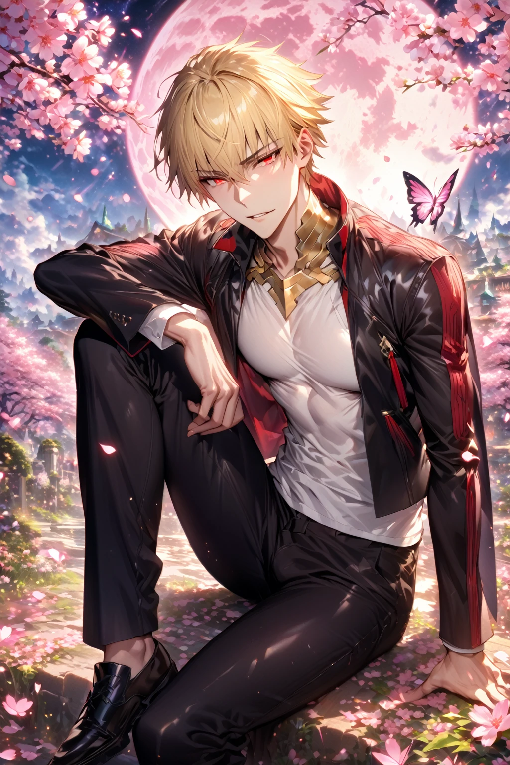 absurdres, highres, ultra detailed, HDR, master piece, best quality, detailed eyes, detailed face, Gilgamesh, blonde hair, short hair, expressive red eyes, Fate Grand Order, fantasy, magical, solo, sexy man, adult face, handsome, sensual, adult, black jacket with white trimmings, white T-shirt, black pants, fantasy, magical, pink butterflies, garden, pink moon, cherry blossoms, pink petals, pink flowers, sitting