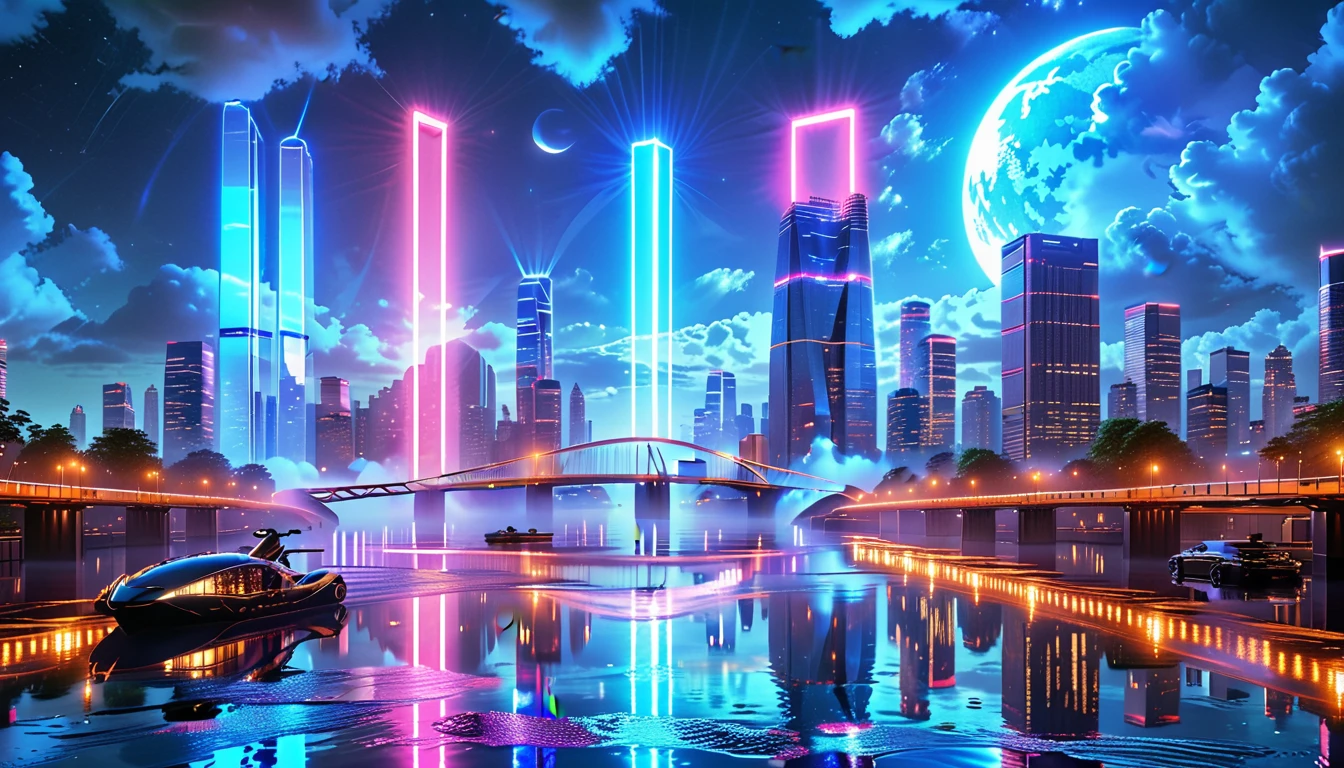 A Masterpiece In 32K Resolution: Supreme Quality, Super Detail, Official Art, Very High-Resolution 32K Wallpaper, Beautiful And Aesthetic, Ultra-Detailed Features, Awe-Inspiring Detail. An Awe-Inspiring Night View Of A Futuristic Cityscape, Featuring A Majestic Bridge Stretching Over A Reflective River. The Skyline Showcases Towering, Sleek Skyscrapers Illuminated By Vibrant Neon Lights, Evoking The Grandeur Of A Futuristic Metropolis. In The Distance, Glowing Megacities Emerge On The Horizon, Adding Depth And Scale To The Scene. The Romantic Evening Atmosphere Is Heightened By The Soft Glow Of The Moon And Shimmering Reflections On The Water. The Urban Design Feels Imaginative And Cutting-Edge, Blending Sleek Architecture With Creative Lighting That Captivates And Surprises, Inspired By The Visionary Style Of Chasbio.