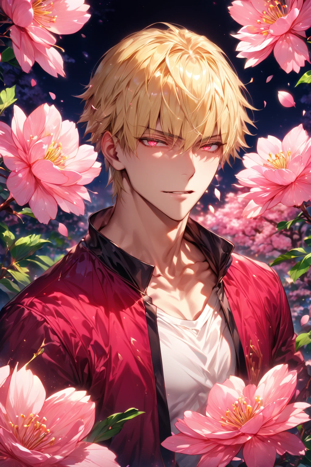 absurdres, highres, ultra detailed, HDR, master piece, best quality, detailed eyes, detailed face, Gilgamesh, blonde hair, short hair, expressive red eyes, Fate Grand Order, fantasy, magical, solo, sexy man, adult face, handsome, sensual, adult, black jacket with white trimmings, white T-shirt, fantasy, magical, pink butterflies, garden, pink moon, cherry blossoms, pink petals, pink flowers