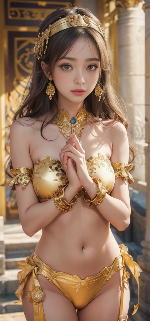 Best Quality,Masterpiece Ultra High Resolution,(Realistic:1.4),Japanese Idols，アニメのgirl,shoulder,charm,Looking at the camera,Wuxi ,Gold micro bikini with gold embellishments、（Cleavage exposure、Expose your upper arms、belly button出し、Exposed thighs）（Dark brown straight hair）（Big Saggy Breasts、Big Saggy 、Saggy breasts）（Cleavage exposure、Expose your upper arms、belly button、Exposed thighs、）Golden headband（Golden Garter Stockings）（delicate）（Golden decorated wall）（）（Golden ancient oriental temple）（かわいい日本のgirl）（Golden Garter Stockings）（Golden ancient oriental temple）（ It is decorated with gold）（delicate５reference）（delicatereference）（beautiful５reference）（Golden headband）（ It is decorated with gold）（Golden ancient oriental temple）（Gazing at the audience）（Looking at the camera）（Staring at the screen）（Gaze ahead）（Mona Lisa&#39;smile）（Please open your mouth a little............................................................................................................）（Round eyes）（Observe the audience）Make eye contact、（The Mona Lisa's smile）（Please open your mouth a little......................................................................................）（ It is decorated with gold）（）（Golden Garter Stockings）（The Mona Lisa's smile）（Make eye contact）（Please open your mouth a little....................................................................................）Anatomically perfect fingers（Staring at the screen）（referenceするs making the Kannon mudra）（exchange glances）（delicate描写の指）（Realistic fingers）（Realistic depiction of each finger）（Golden wall with gold decoration） Slim Abs:1.1, ((Big Breasts:1.3)), はち切れんばかりのBig Breasts, （exchange glances）１girl、nsfw、Under the chest、、Big Breasts、、perfect hair、Perfect Face、Perfect body、Perfect hands、Perfect fingers、whole body、Upper body naked、（一本一本Realistic depiction of fingers），（Depiction of an unbroken finger），（Realistic depiction of fingers），（Sexy gold micro bikini with gold embellishments），（Golden headband），（Golden Garter Stockings），（Gazing at the audience）（Lift your finger）