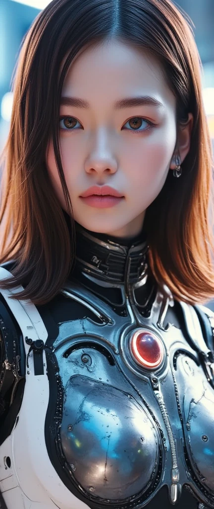 Safe browsing at work:2.0, Perfect composition, Proper placement, Cowboy Shot, glowing skin, Beautiful Japanese Women, Beautiful cyborg woman, Brown Hair, Wavy Hair, brown eyes:1.21, Clear Eyes,  Perfect beauty, Makeup, Pink lipstick, Perfect Anatomy, small頭, ((Split metal chest protector)), ((Super realistic details)), Global Illumination, Octane Rendering, Ultra Sharp, Because it shines, small, ((Mechanical chest armor with LED indicators and meters)), biomechanical body, ((Accurate and detailed faces)), Metal Mechanical Bra, Metal Robot, Metal body, Full Body Metal, Prosthetic arm, Prosthetic limbs, Full Body Cyborg, Exposed carbon skeleton, Intricate decorative details, Futuristic android girl, Red glowing energy core, Energy Transmission Tube, Metal Hydraulic Cylinder, Very intricate detail, Mechanical vertebrae attached to the back, A mechanical neck that is attached to the neck, Camel Toe, Numerous wires and cables connected to the aircraft, (Cool headset), Glowing LED lamp, Perfect beauty, In a cyberpunk research facility, Dramatic Lighting, 