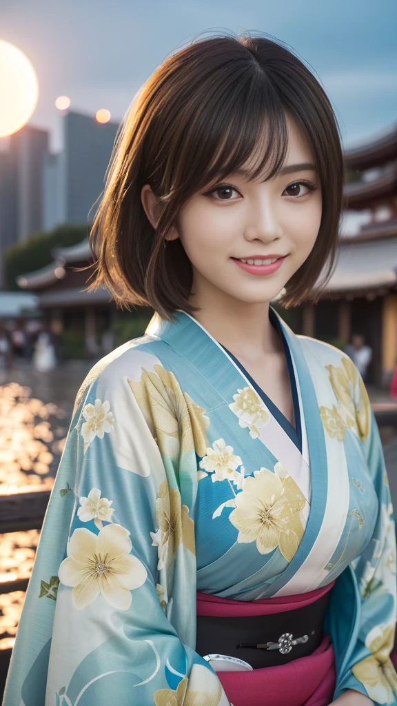 Looking at the camera,(((highest quality, 8k, masterpiece))), Sharp focus, (Beautiful woman with perfect figure), thin, (Hairstyle: superior)), ((Kimono: Cane)), street: 1.2 Highly detailed face and skin texture Detailed eyes Double eyelid Random pose, (smile),ssuperiorer cute Japan person,ssuperiorer beauty Japanese girl, Realistic Face, double eyelid,smile,Summer festival , At sunset , Beautiful Teeth , Fireworks Background.