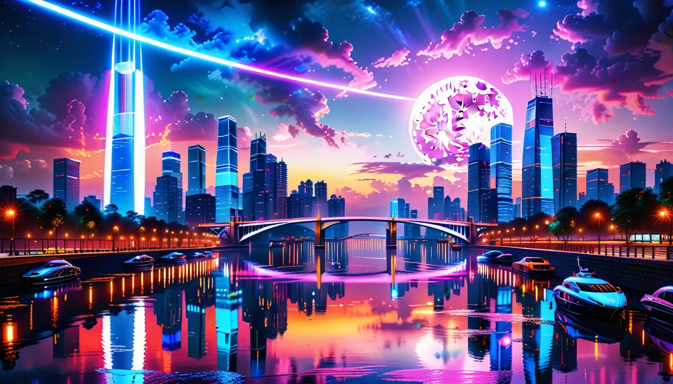 A Masterpiece In 32K Resolution: Supreme Quality, Super Detail, Official Art, Very High-Resolution 32K Wallpaper, Beautiful And Aesthetic, Ultra-Detailed Features, Awe-Inspiring Detail. An Awe-Inspiring Night View Of A Futuristic Cityscape, Featuring A Majestic Bridge Stretching Over A Reflective River. The Skyline Showcases Towering, Sleek Skyscrapers Illuminated By Vibrant Neon Lights, Evoking The Grandeur Of A Futuristic Metropolis. In The Distance, Glowing Megacities Emerge On The Horizon, Adding Depth And Scale To The Scene. The Romantic Evening Atmosphere Is Heightened By The Soft Glow Of The Moon And Shimmering Reflections On The Water. The Urban Design Feels Imaginative And Cutting-Edge, Blending Sleek Architecture With Creative Lighting That Captivates And Surprises, Inspired By The Visionary Style Of Chasbio.