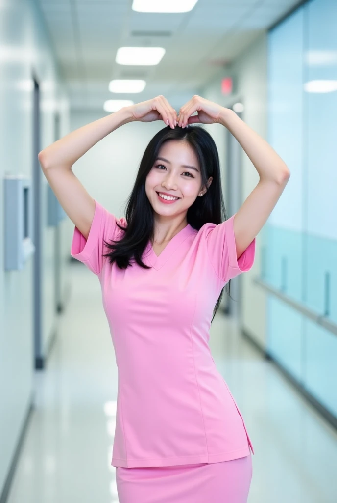 Medium shot of a smiling Japanese female nurse in pink dress making an armheart with arms overhead. Her beautiful, detailed features are framed by her hair and a playful expression. She has a slim hourglass figure, narrow waist, and medium breasts. Her black hair is styled to perfection, complementing their pale skin and fair complexion. The private modern hospital room provides a clean and serene backdrop for this photorealistic image.