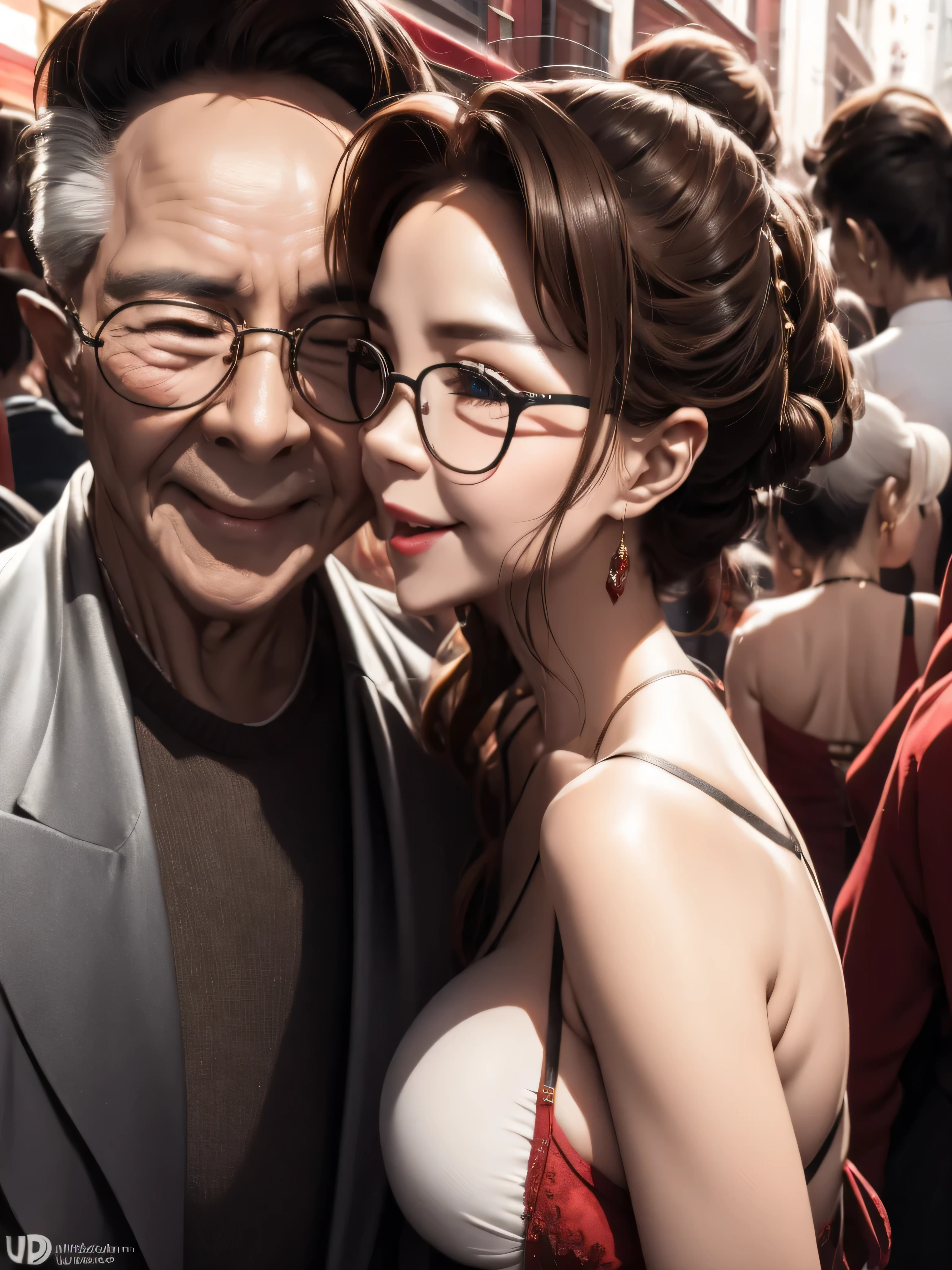 A beautiful woman wearing a revealing dress, kissing her elderly husband in the crowded crowd, UHD, masterpiece, textured skin, super detail, best quality, 8k.