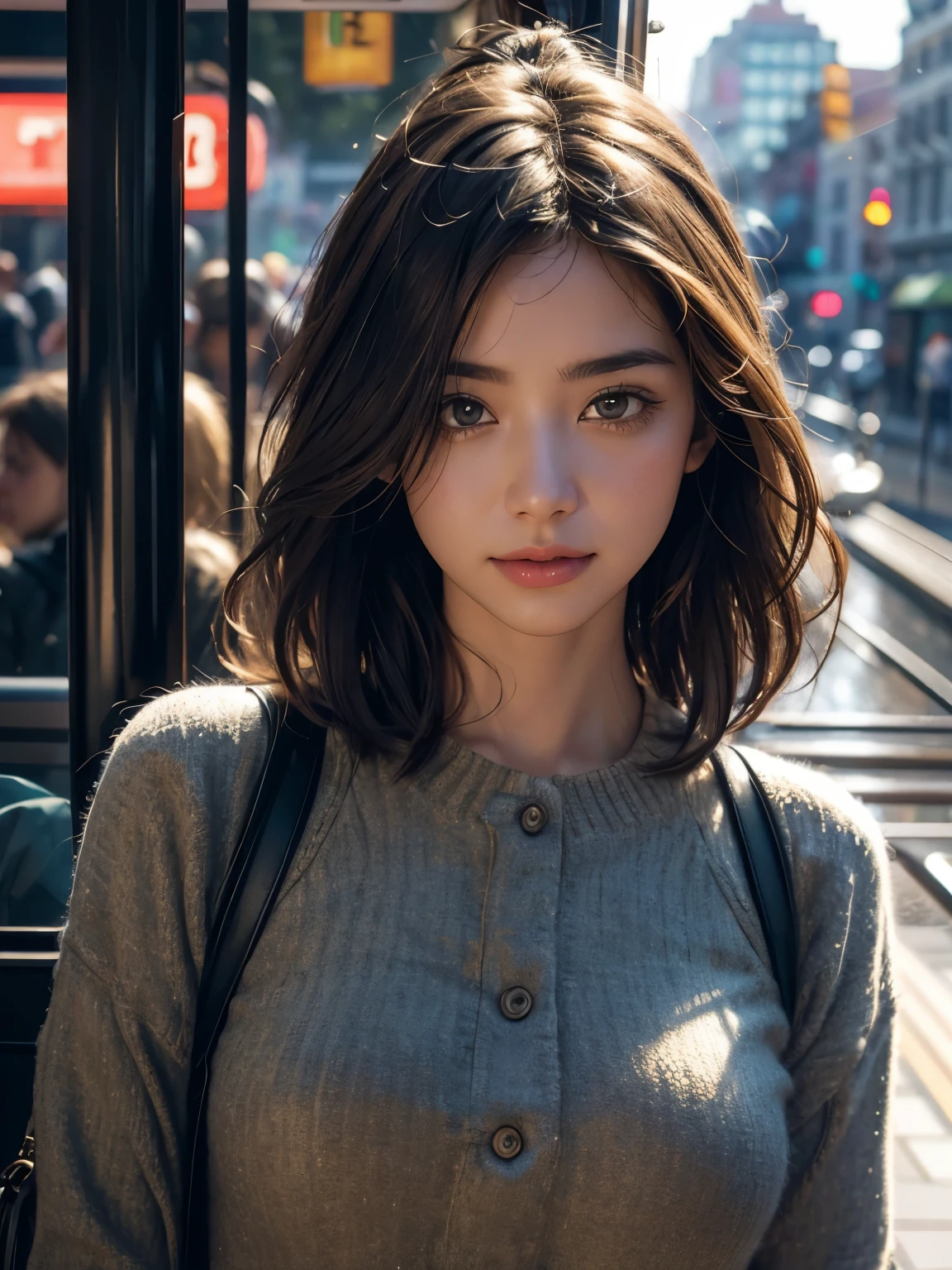 (1girl), Inside the tram, ((2trams, Crossing trams)), sityscape, (fisheye lens), sunset, sunset light, shine, glint, a rainy day, (depth of field:1.30), (photo realistic:1.35), masterpiece, best quality, CG, wallpaper, HDR, high quality, high-definition, extremely detailed, an14, (Intricate details), (Subtle details), (Intricate details),