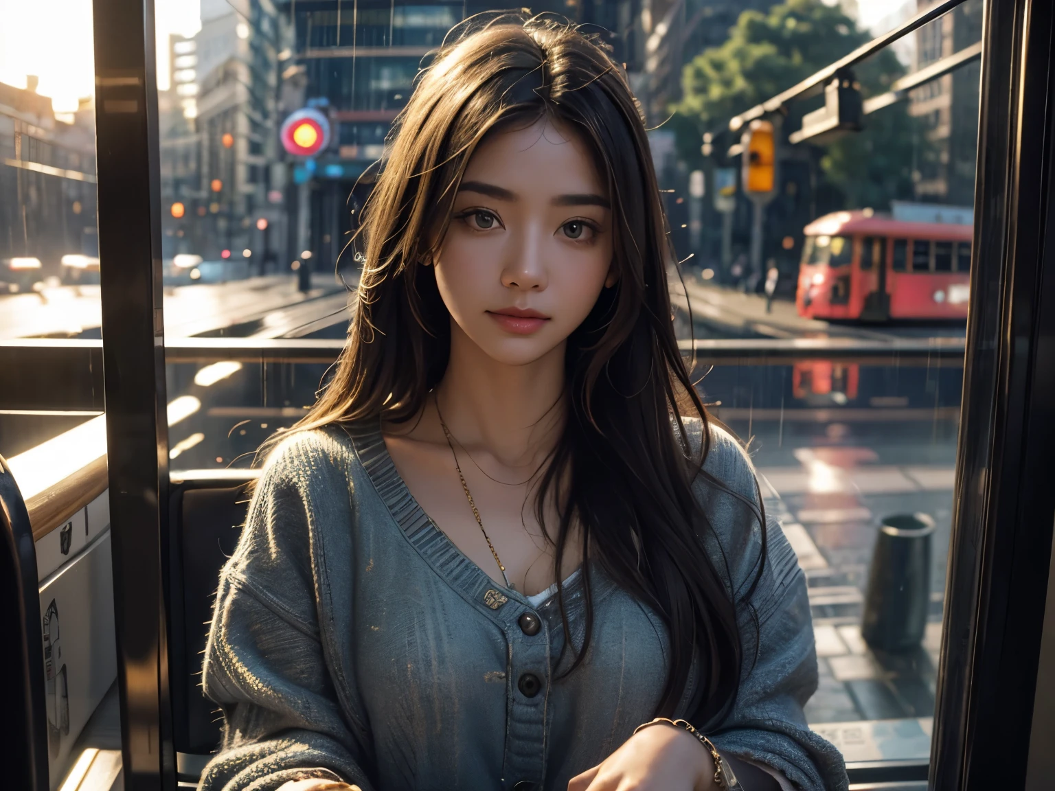 (1girl), Inside the tram, ((2trams, Crossing trams)), sityscape, (fisheye lens), sunset, sunset light, shine, glint, a rainy day, (depth of field:1.30), (photo realistic:1.35), masterpiece, best quality, CG, wallpaper, HDR, high quality, high-definition, extremely detailed, an14, (Intricate details), (Subtle details), (Intricate details),