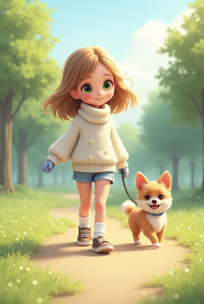 An incredibly charming little girl carrying a backpack, accompanied by her adorable puppy, enjoying a lovely spring outing surrounded by beautiful red and violet flowers and natural scenery. The illustration is in high definition at 4k resolution, with highly-detailed facial features and cartoon-style visuals.