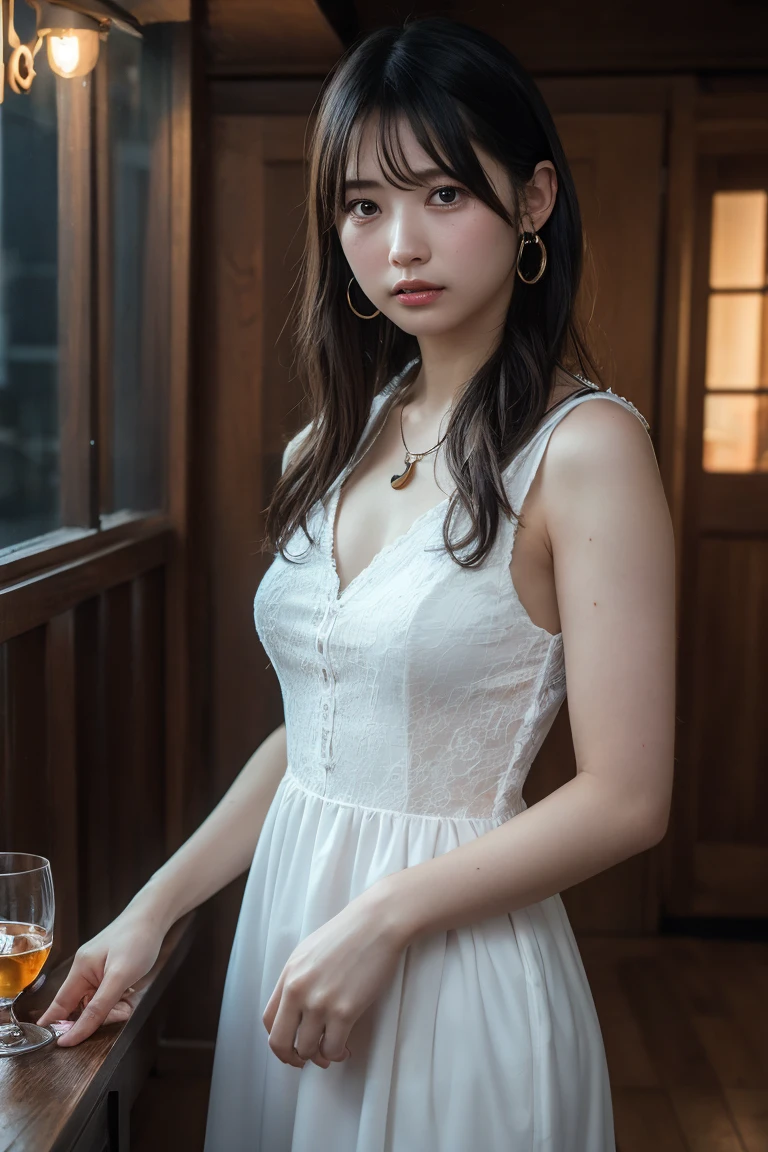masterpiece、1 beautiful girl、Detailed eyes、Puffy eyes、Highest quality, 超High resolution, (Reality: 1.4), Cinema Lighting、Japanese、Asian Beauty、Korean、Super Beauty、Beautiful Skin、Slender、Body facing forward、(Surreal)、(High resolution)、(8k)、(Very detailed)、(Beautiful and detailed eyes)、(Ultra-detailed)、 (wallpaper)、Detailed face、Bright lighting、Professional Lighting、View your viewers、Look straight ahead、The outfit is a clean light orange shirt and dress.....、46 point diagonal bangs、Night Scenery、Brown Hair、Nogizaka Idol、Korean Idol、Gravure idol pose、、Age 25、expensive,