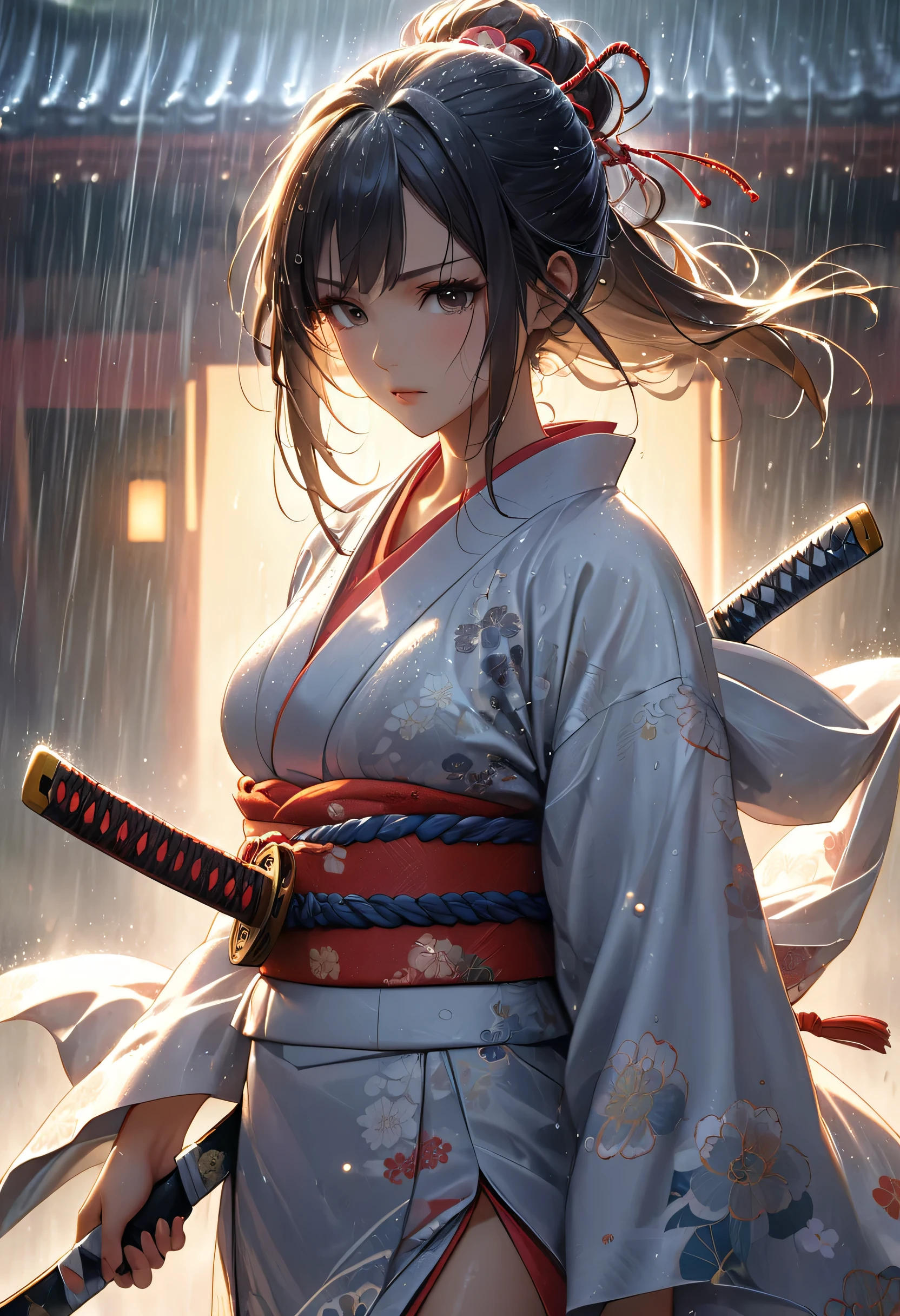 A fierce Japanese woman from the Edo period, wearing a traditional kimono that's half-turned open, revealing a tightly wrapped white sarashi around her chest. She stands confidently, holding a katana raised above her head, poised for battle. The kimono, intricately detailed with floral patterns, flows around her as if caught in a sudden gust of wind. Dramatic, cinematic lighting casts soft, golden rays through the scene, creating striking contrasts with deep shadows and illuminating particles of dust in the air. A gentle rain begins to fall, with droplets catching the light and glistening on her skin and sword, adding texture and realism. Subtle mist rolls in the background, shrouding the distant edges of the traditional Japanese temple courtyard. A rim light highlights her hair and the sword’s edge, emphasizing her silhouette against the misty atmosphere. The dynamic lighting interacts with the rain, giving the scene an otherworldly, intense mood as she prepares to strike