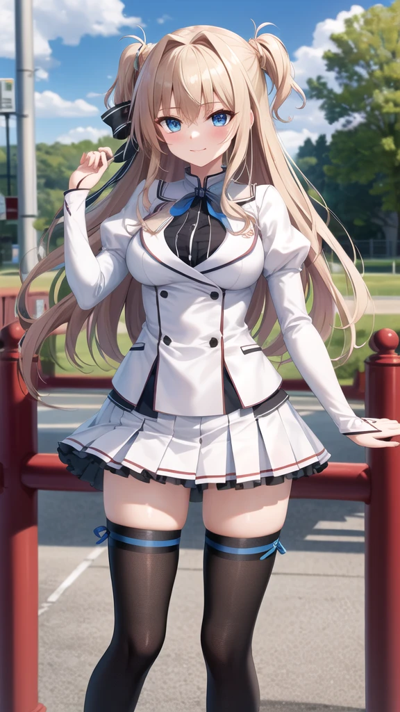 masterpiece, best quality, highres, 1girl, solo, long hair, blonde hair, two side up, (hair ribbon:1.1), blue eyes, neck ribbon, school uniform, white jacket, juliet sleeves, long sleeves, white skirt, thigh ribbon, black thighhighs, outdoors, cowboy shot, standing,