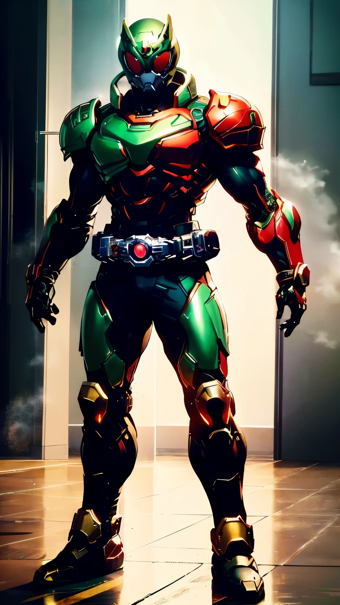 (masterpiece:1.5, best quality:1.5, extremely delicate:1.5), ((male:1.5)), a man wearing a full-face helmet, a biotech armored combat suit, green eyes, (a composite layered chest armor), fully enclosed shoulder guards, matching arm and leg guards, a belt of gemstone, (the color scheme is primarily Blue with White and Red accents), the design balances heavy with agility, a high-tech bio-mecha armor, (Armor Concept Inspired by Kamen Rider, stand of a futuristic sci-fi city), this character embodies a finely crafted Superhero in anime style, exquisite and mature manga art style, (the armor glows), metallic, high definition, highres, ultra-detailed, ultra-fine painting, professional, perfect body proportions, golden ratio, anatomically correct, symmetrical face, extremely detailed eyes and face, high quality eyes, creativity, RAW photo, UHD, 32k, Natural light, cinematic lighting, masterpiece-anatomy-perfect