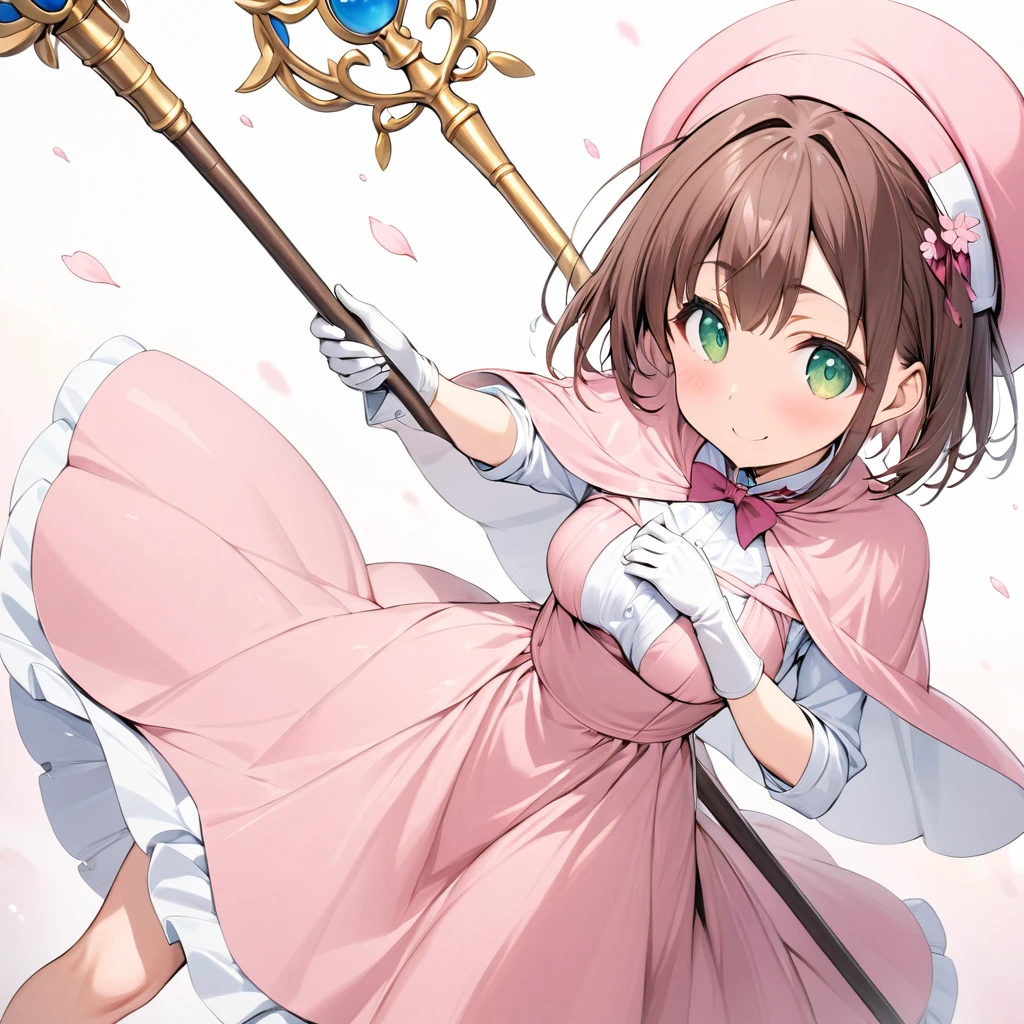 masterpiece, Best Quality, High resolution, Sakura Kinomoto, One Girl, Brown Hair, short hair, Antenna Hair, Pink hat, green eyes, Capelet, A pink dress made from a shiny enamel-like material., Striped ribbon, Long sleeve, White gloves, Clothing made of shiny materials such as enamel,staff, Annoying, smile,