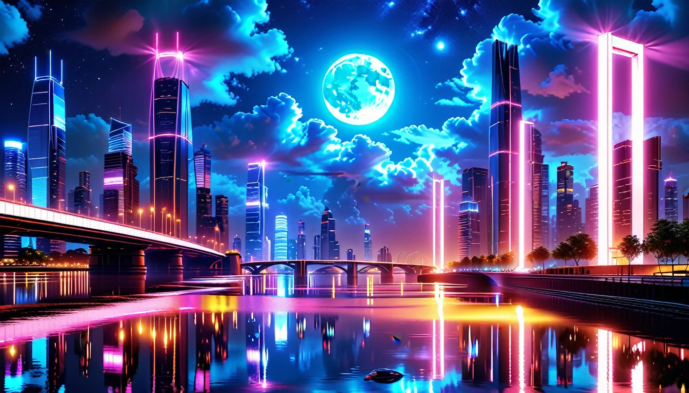 A Masterpiece In 32K Resolution: Supreme Quality, Super Detail, Official Art, Very High-Resolution 32K Wallpaper, Beautiful And Aesthetic, Ultra-Detailed Features, Awe-Inspiring Detail. An Awe-Inspiring Night View Of A Futuristic Cityscape, Featuring A Majestic Bridge Stretching Over A Reflective River. The Skyline Showcases Towering, Sleek Skyscrapers Illuminated By Vibrant Neon Lights, Evoking The Grandeur Of A Futuristic Metropolis. In The Distance, Glowing Megacities Emerge On The Horizon, Adding Depth And Scale To The Scene. The Romantic Evening Atmosphere Is Heightened By The Soft Glow Of The Moon And Shimmering Reflections On The Water. The Urban Design Feels Imaginative And Cutting-Edge, Blending Sleek Architecture With Creative Lighting That Captivates And Surprises, Inspired By The Visionary Style Of Chasbio.