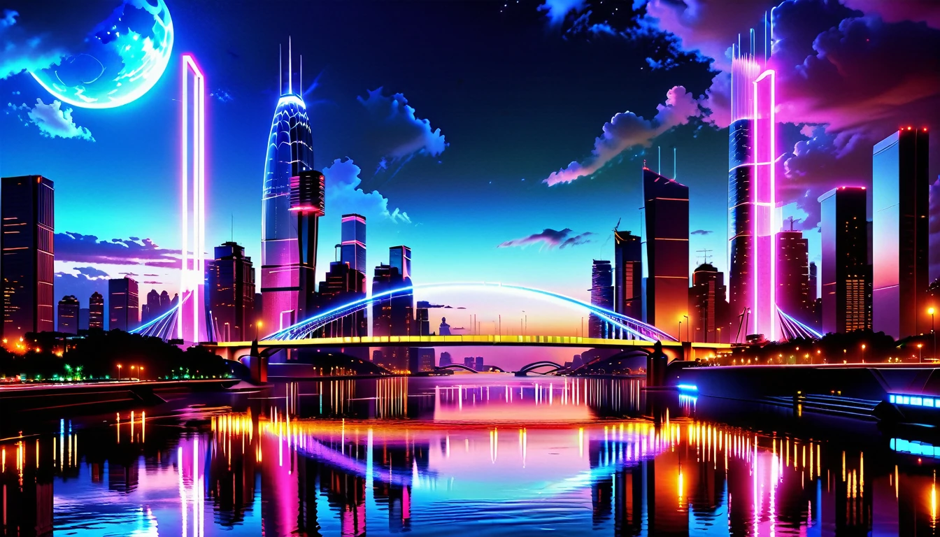 A Masterpiece In 32K Resolution: Supreme Quality, Super Detail, Official Art, Very High-Resolution 32K Wallpaper, Beautiful And Aesthetic, Ultra-Detailed Features, Awe-Inspiring Detail. An Awe-Inspiring Night View Of A Futuristic Cityscape, Featuring A Majestic Bridge Stretching Over A Reflective River. The Skyline Showcases Towering, Sleek Skyscrapers Illuminated By Vibrant Neon Lights, Evoking The Grandeur Of A Futuristic Metropolis. In The Distance, Glowing Megacities Emerge On The Horizon, Adding Depth And Scale To The Scene. The Romantic Evening Atmosphere Is Heightened By The Soft Glow Of The Moon And Shimmering Reflections On The Water. The Urban Design Feels Imaginative And Cutting-Edge, Blending Sleek Architecture With Creative Lighting That Captivates And Surprises, Inspired By The Visionary Style Of Chasbio.