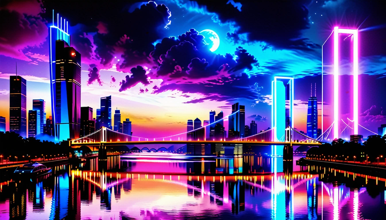 A Masterpiece In 32K Resolution: Supreme Quality, Super Detail, Official Art, Very High-Resolution 32K Wallpaper, Beautiful And Aesthetic, Ultra-Detailed Features, Awe-Inspiring Detail. An Awe-Inspiring Night View Of A Futuristic Cityscape, Featuring A Majestic Bridge Stretching Over A Reflective River. The Skyline Showcases Towering, Sleek Skyscrapers Illuminated By Vibrant Neon Lights, Evoking The Grandeur Of A Futuristic Metropolis. In The Distance, Glowing Megacities Emerge On The Horizon, Adding Depth And Scale To The Scene. The Romantic Evening Atmosphere Is Heightened By The Soft Glow Of The Moon And Shimmering Reflections On The Water. The Urban Design Feels Imaginative And Cutting-Edge, Blending Sleek Architecture With Creative Lighting That Captivates And Surprises, Inspired By The Visionary Style Of Chasbio.