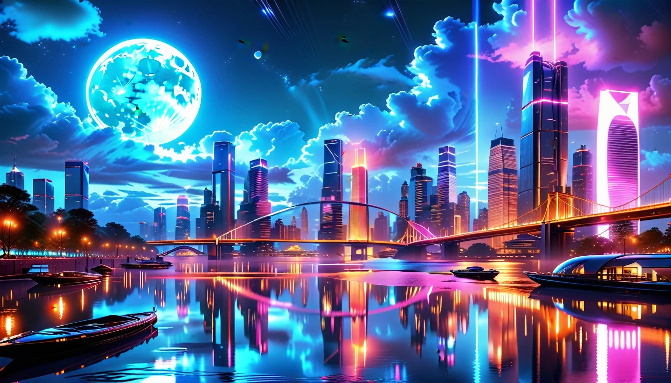 A Masterpiece In 32K Resolution: Supreme Quality, Super Detail, Official Art, Very High-Resolution 32K Wallpaper, Beautiful And Aesthetic, Ultra-Detailed Features, Awe-Inspiring Detail. An Awe-Inspiring Night View Of A Futuristic Cityscape, Featuring A Majestic Bridge Stretching Over A Reflective River. The Skyline Showcases Towering, Sleek Skyscrapers Illuminated By Vibrant Neon Lights, Evoking The Grandeur Of A Futuristic Metropolis. In The Distance, Glowing Megacities Emerge On The Horizon, Adding Depth And Scale To The Scene. The Romantic Evening Atmosphere Is Heightened By The Soft Glow Of The Moon And Shimmering Reflections On The Water. The Urban Design Feels Imaginative And Cutting-Edge, Blending Sleek Architecture With Creative Lighting That Captivates And Surprises, Inspired By The Visionary Style Of Chasbio.