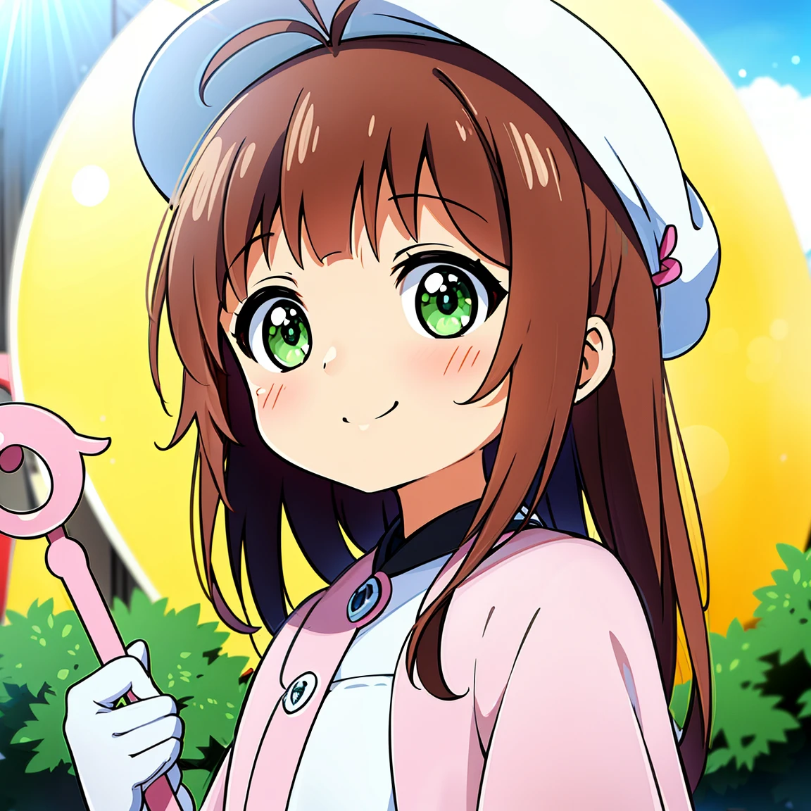 masterpiece, Best Quality, High resolution, Sakura Kinomoto, One Girl, Brown Hair, short hair, Antenna Hair, Pink hat, green eyes, Capelet, A pink dress made from a shiny enamel-like material., Striped ribbon, Long sleeve, White gloves, Clothing made of shiny materials such as enamel,staff, Annoying, smile,