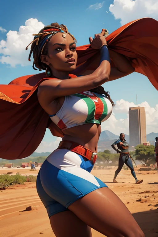 (((Simon Bisley))), (((flag))), (muscular), Mature woman 35 years muscular beautiful, ((((black African woman)))), (((afro hair)))), giant robot pilot, wild with perfect body, bare thighs, colorful afro hair, wearing little clothing, dark blue clothing with white stars, red with white stripes, tiny thong, hoarse with the colors of the United States flag, sensual pose, large breasts,  technological scenario