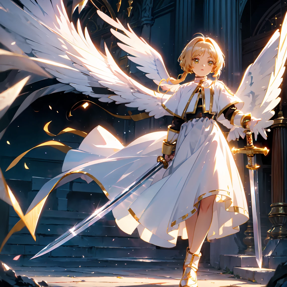 (masterpiece), Best Quality, One girl, Valkyrie, Angel knight in white dress and silver armor, Shiny Armor, High Gloss Armor, Reflective Metal Armor, Holding a sword, (length_sword), pink length curly hair, Yellow Eyes, Wings, White clothing, perfect lighting